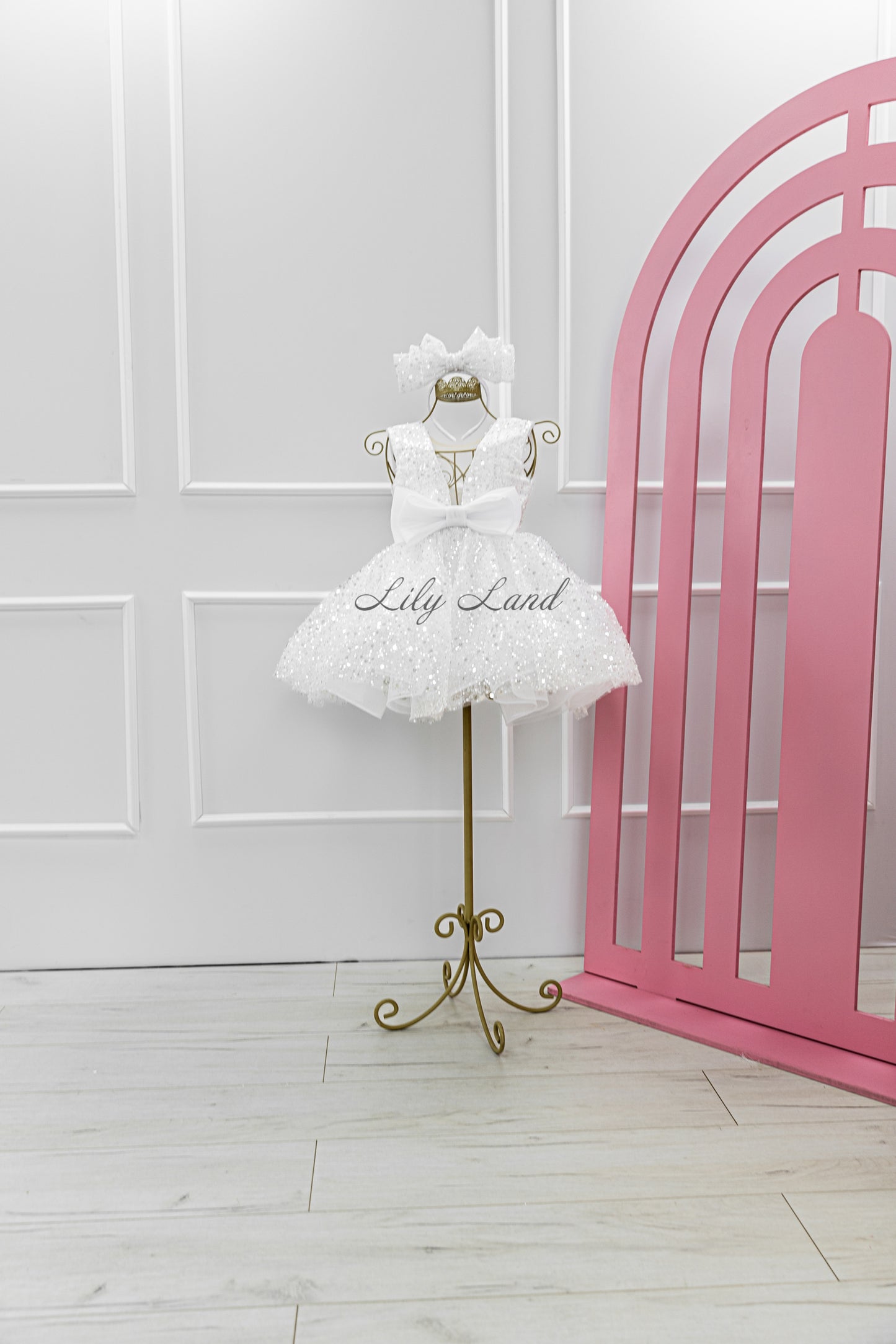 Celeste Girl Dress in White with a Mesh of Beads and Sequins