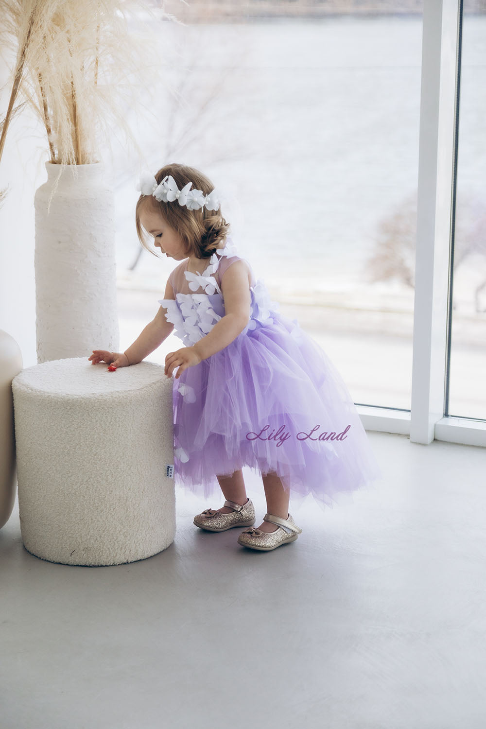 Fleur Girl Dress with White Butterflies in Lavender