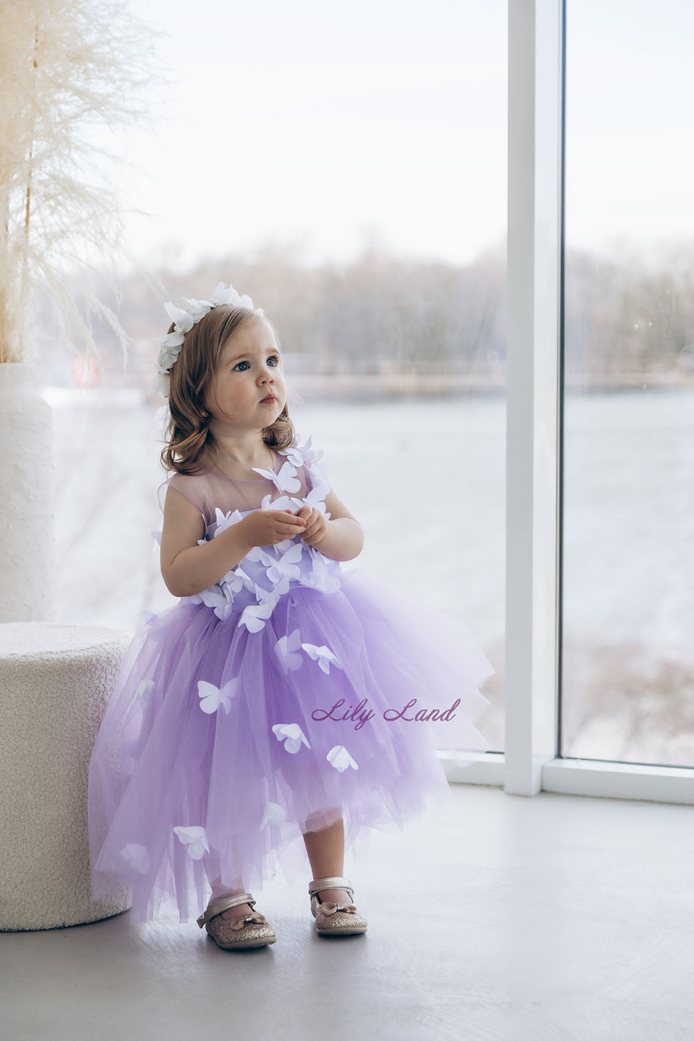 Fleur Girl Dress with White Butterflies in Lavender
