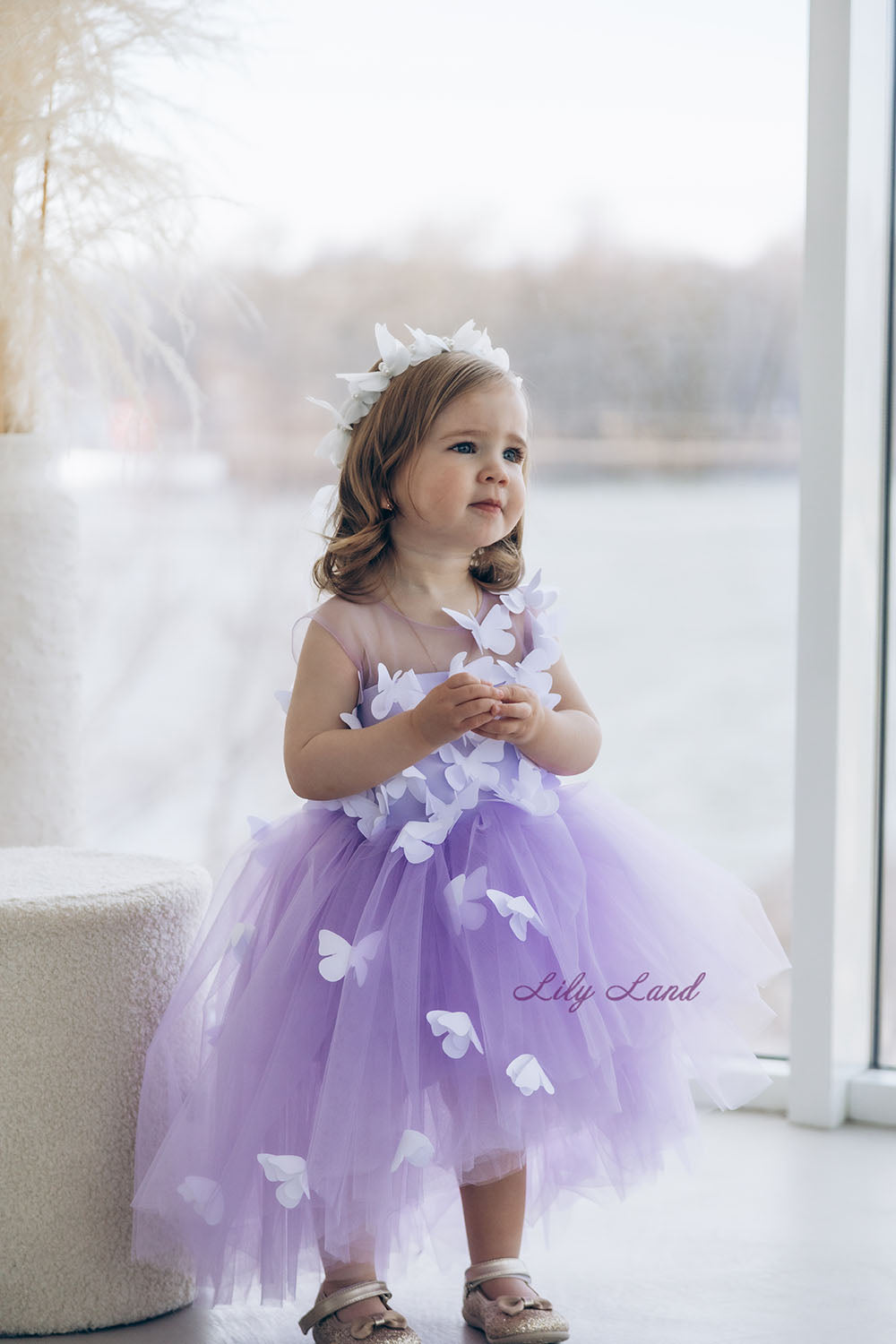Fleur Girl Dress with White Butterflies in Lavender