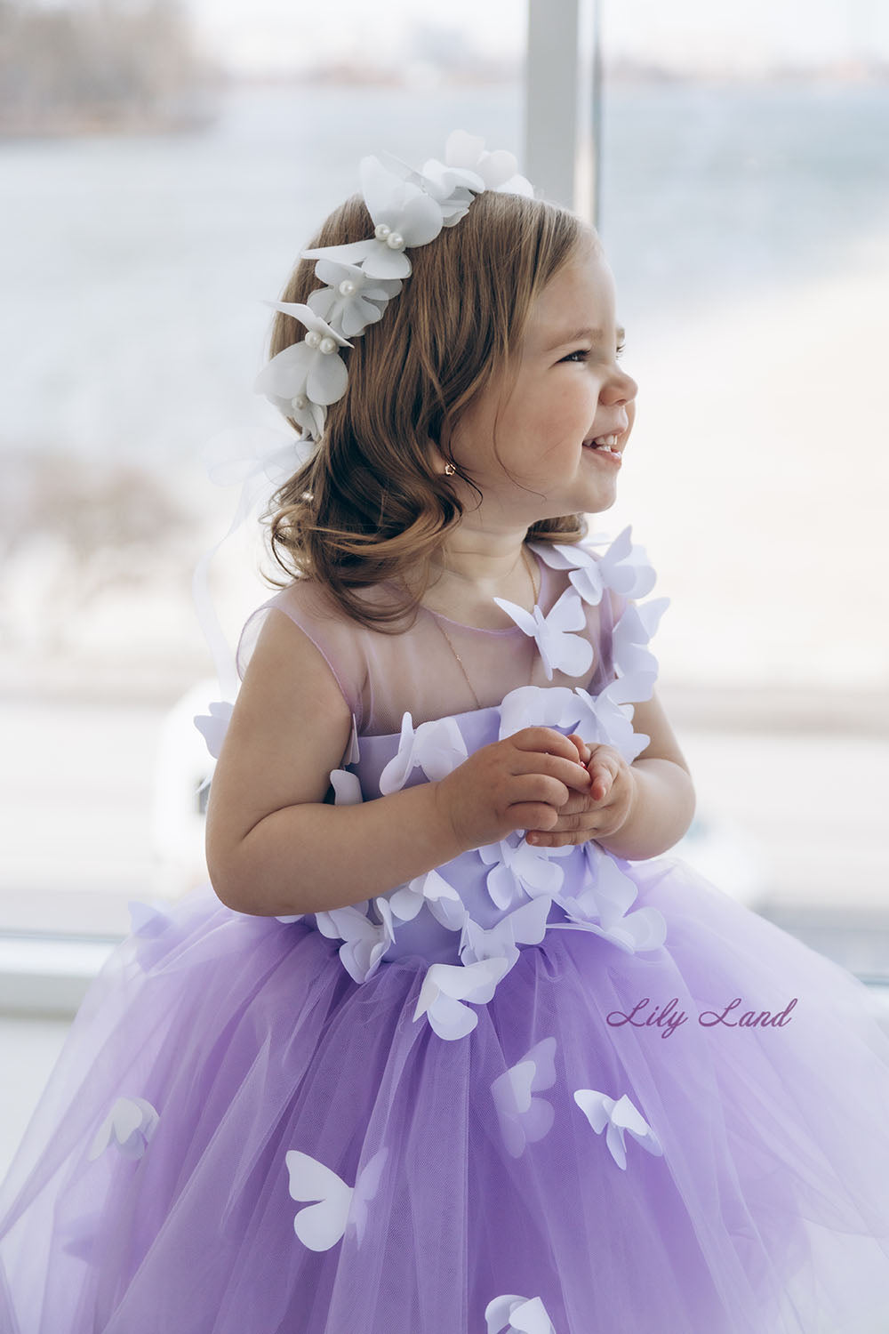 Fleur Girl Dress with White Butterflies in Lavender