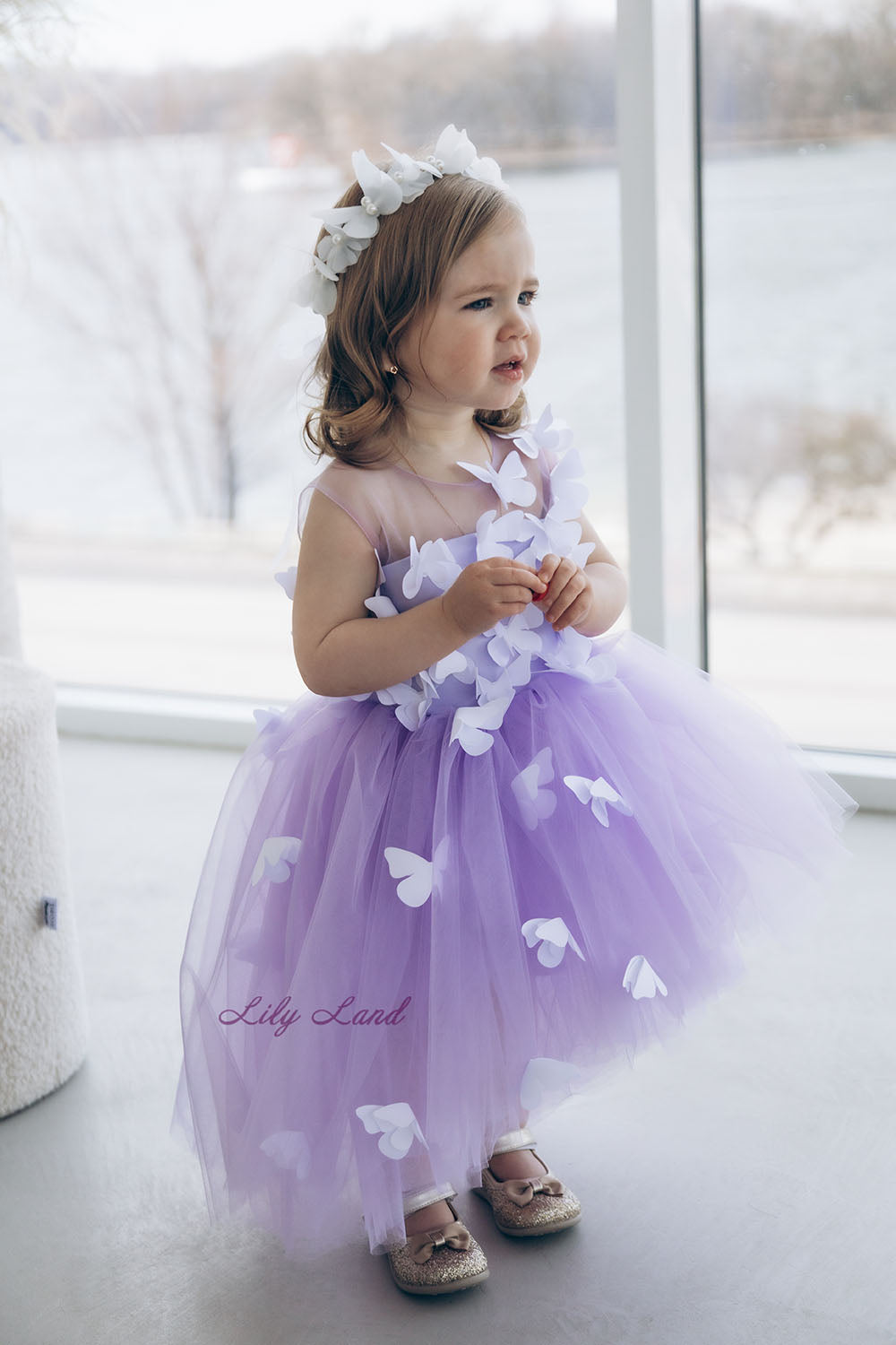 Fleur Girl Dress with White Butterflies in Lavender