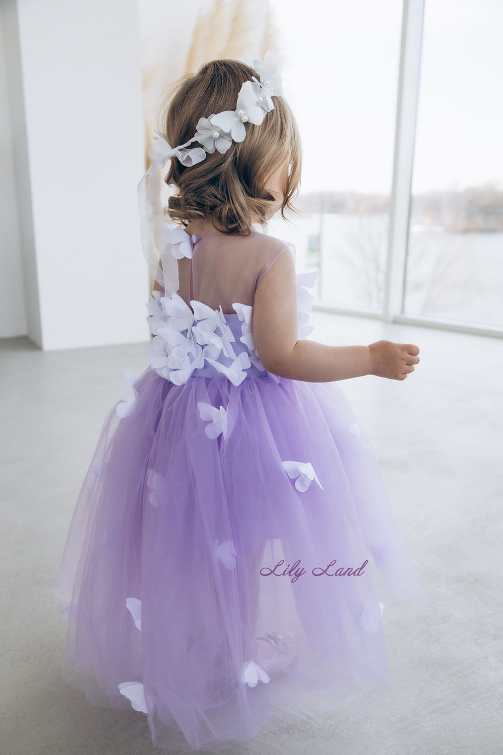 Fleur Girl Dress with White Butterflies in Lavender