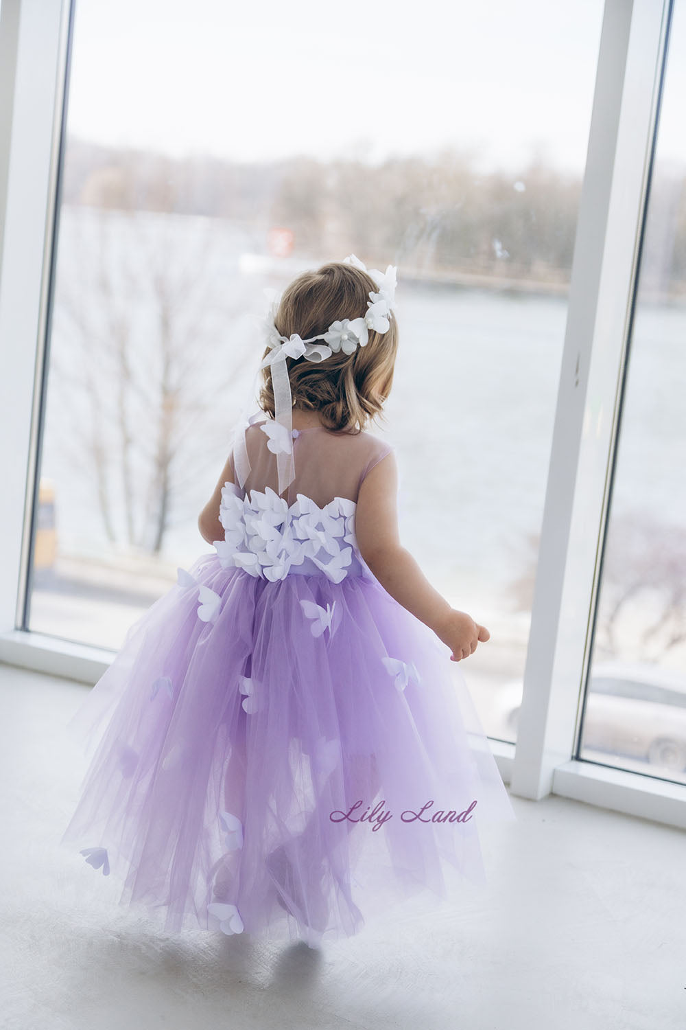 Fleur Girl Dress with White Butterflies in Lavender