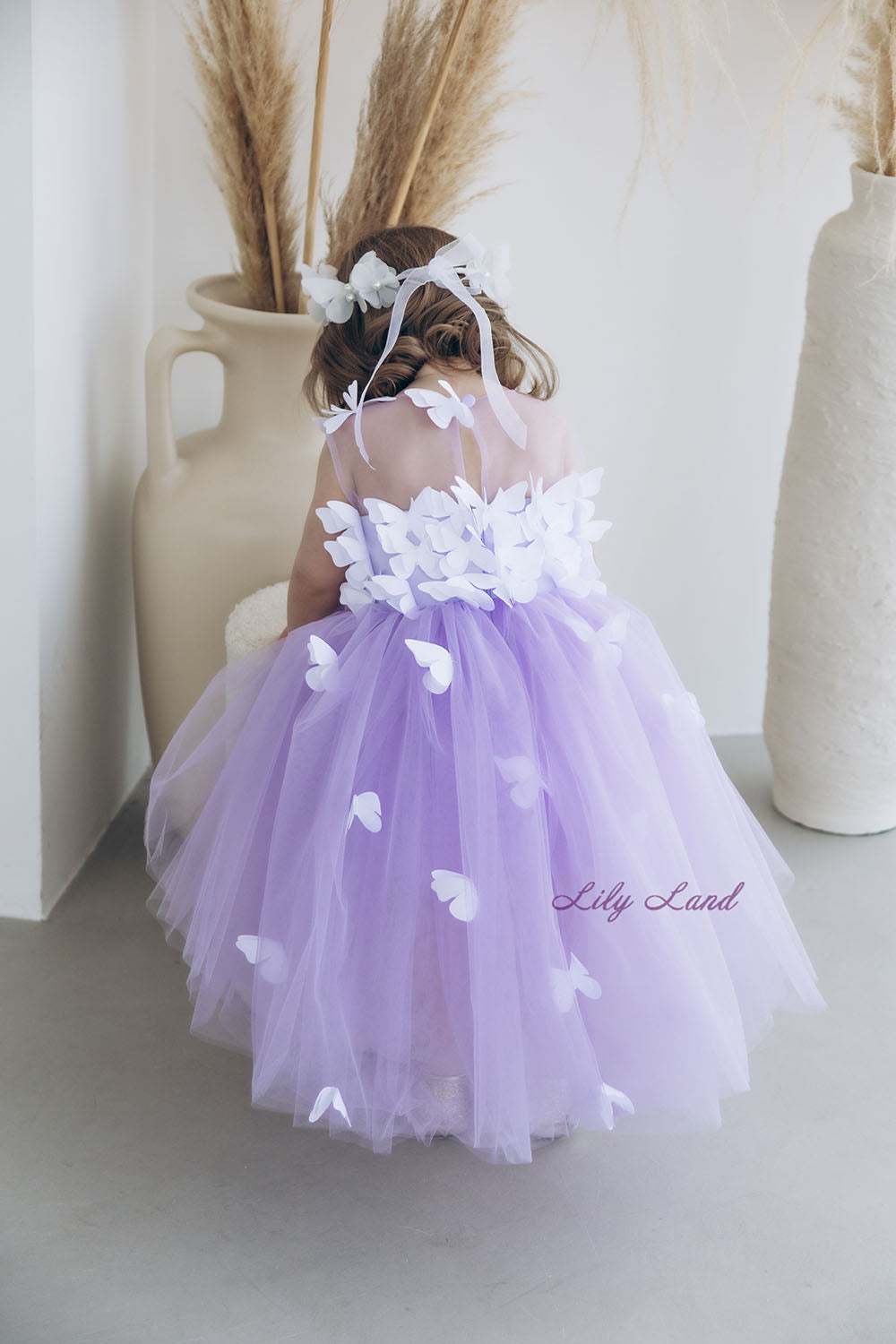 Fleur Girl Dress with White Butterflies in Lavender