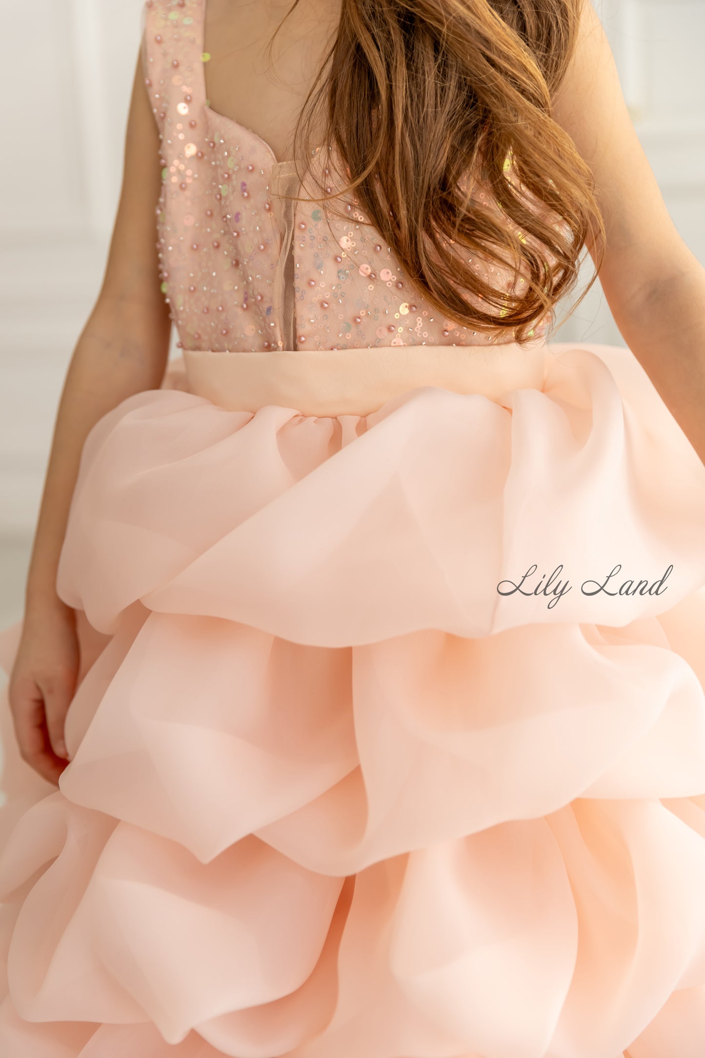 Rosalyn Girl Dress in Peach with Long Train