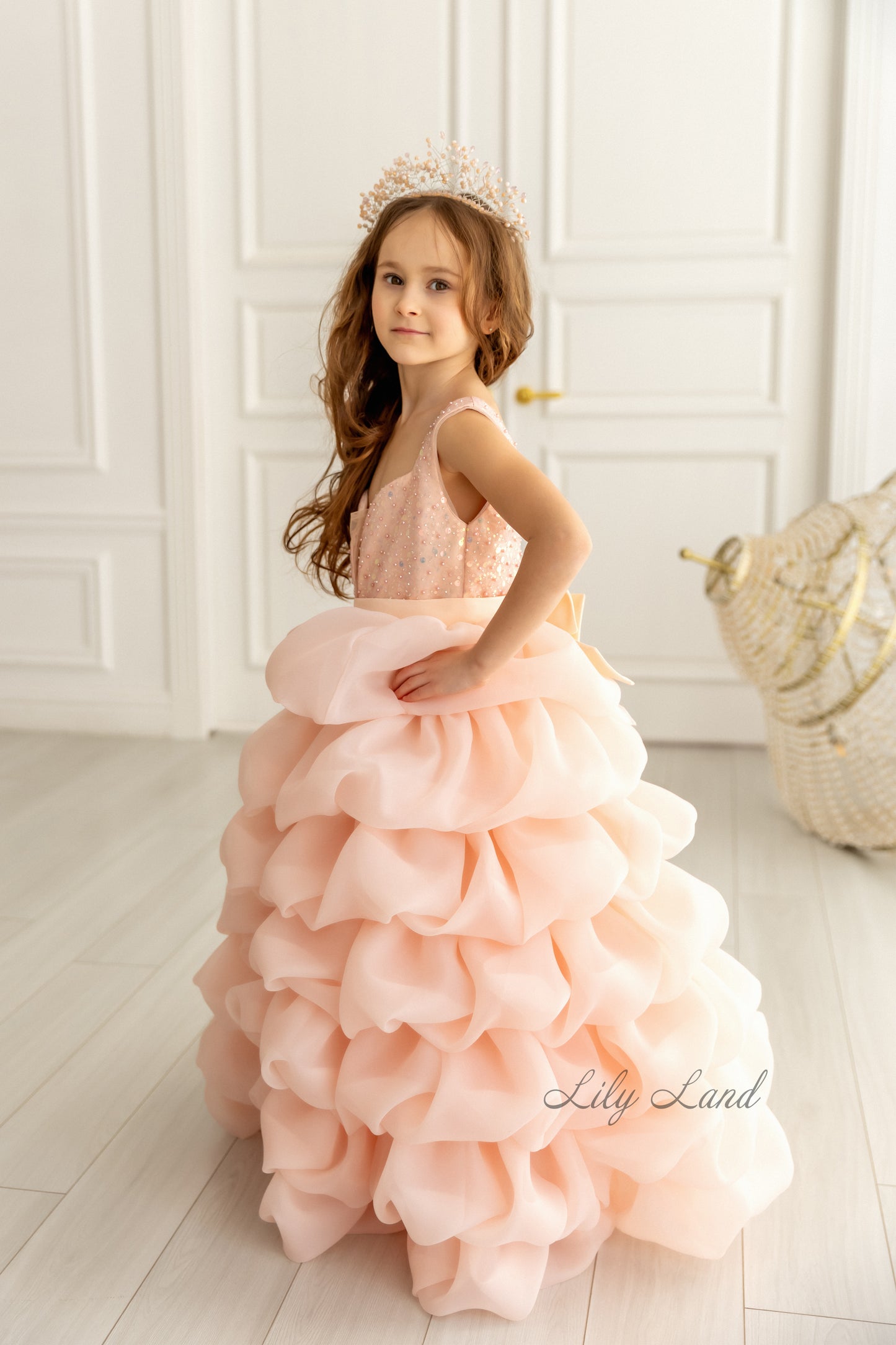 Rosalyn Girl Dress in Peach with Long Train