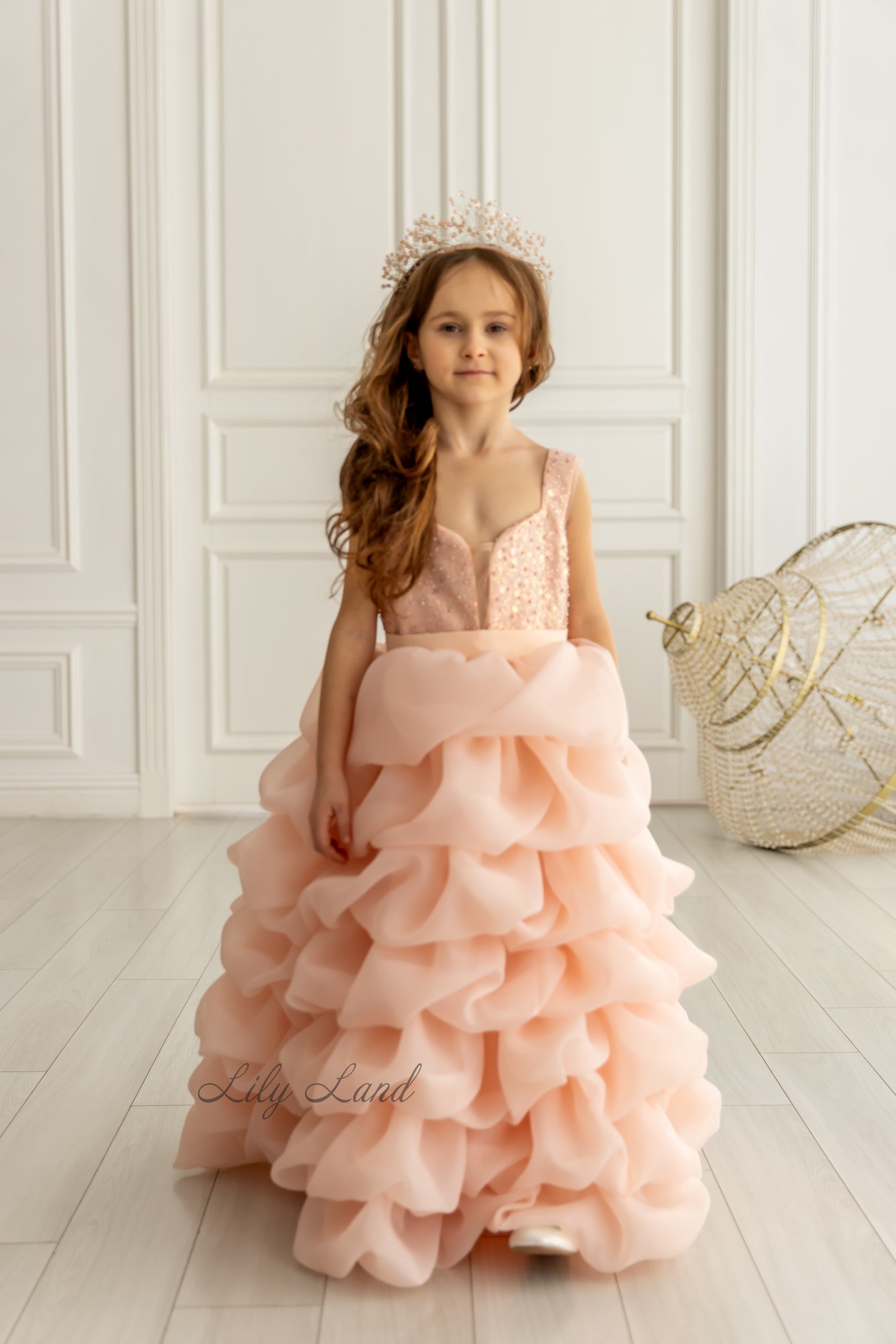 Rosalyn Girl Dress in Peach with Long Train