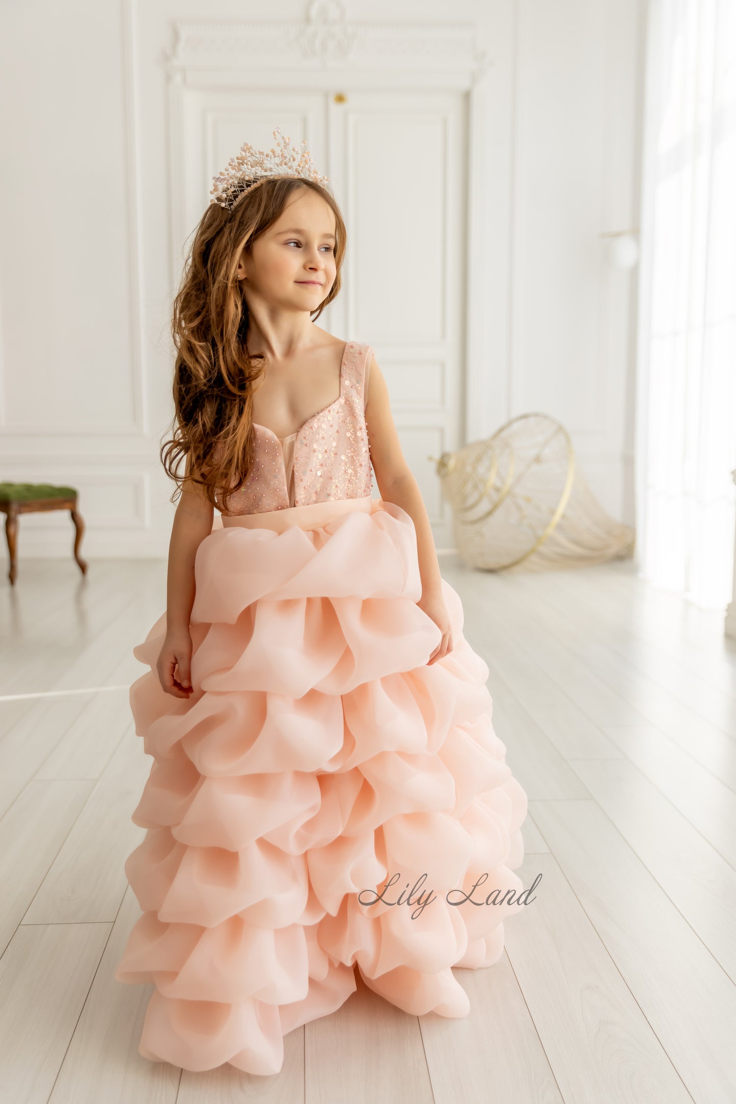 Rosalyn Girl Dress in Peach with Long Train