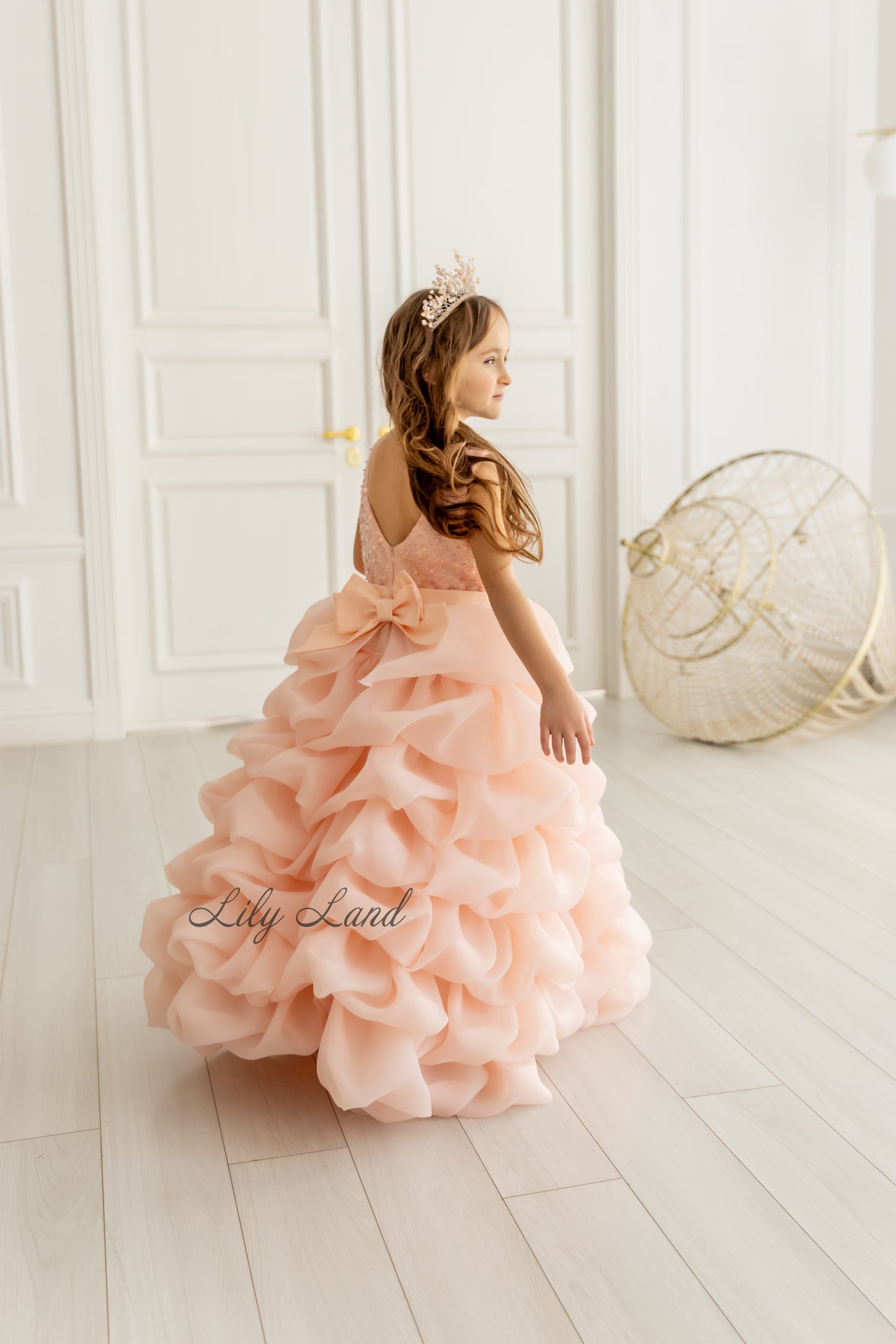 Rosalyn Girl Dress in Peach with Long Train