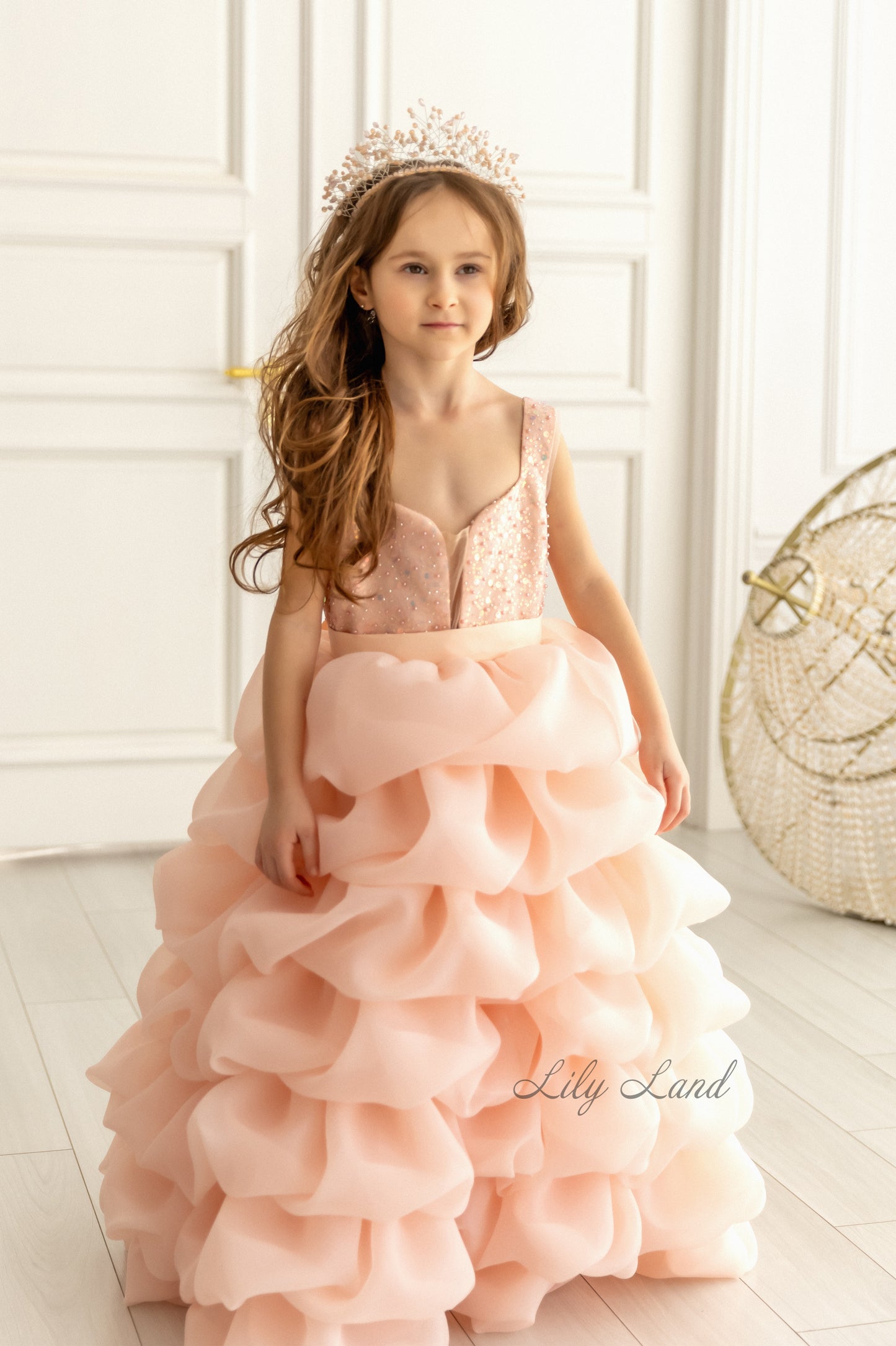 Rosalyn Girl Dress in Peach with Long Train
