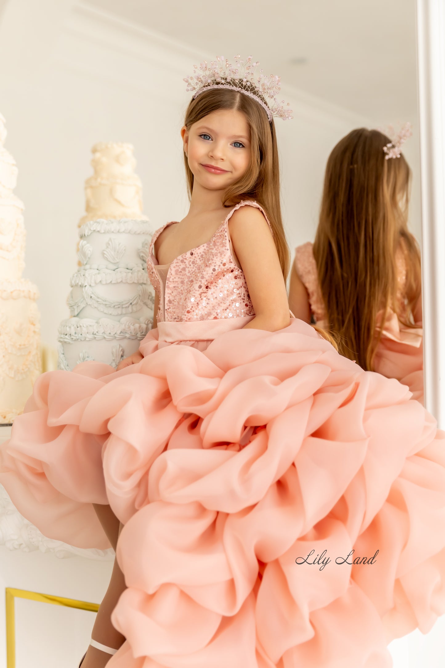 Rosalyn Girl Dress in Blush Pink with Long Train