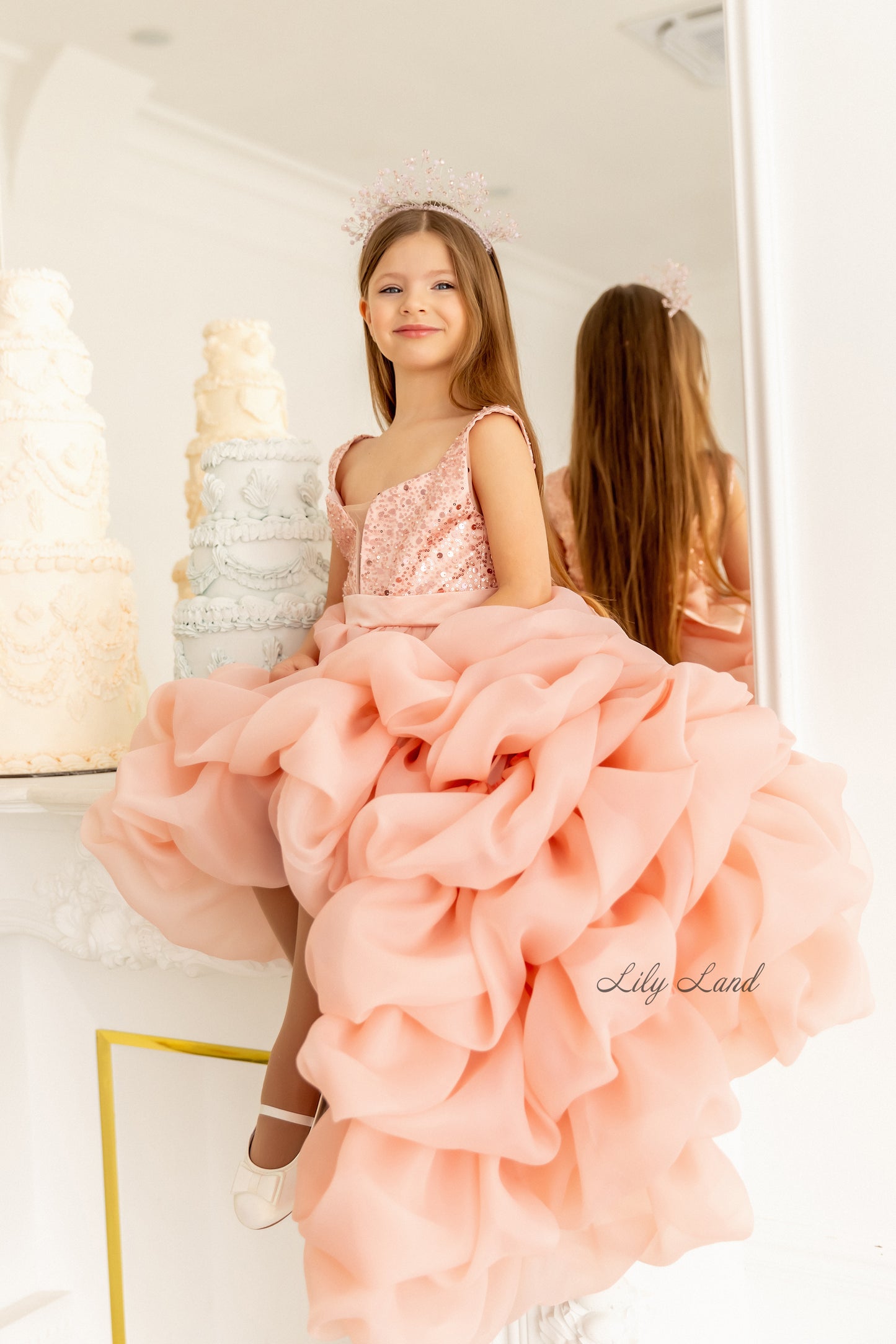 Rosalyn Girl Dress in Blush Pink with Long Train