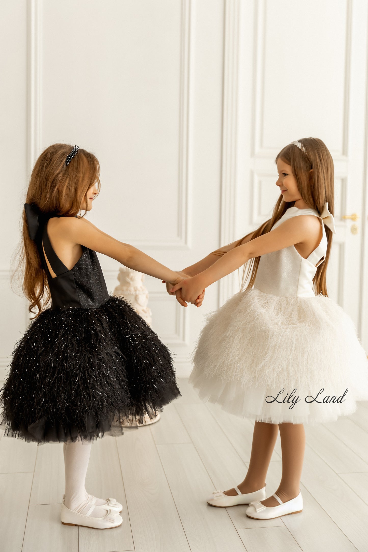 Amina Sleeveless Girl Dress with Feathers & Lace in Light Pink