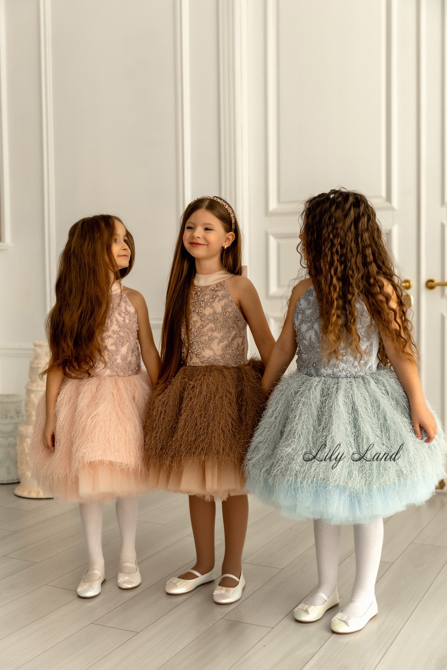 Amina Sleeveless Girl Dress with Feathers & Lace in Light Pink