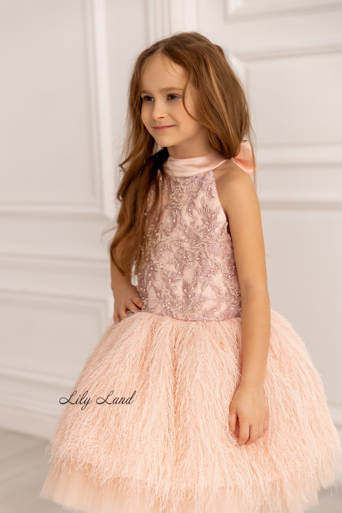 Amina Sleeveless Girl Dress with Feathers & Lace in Light Pink