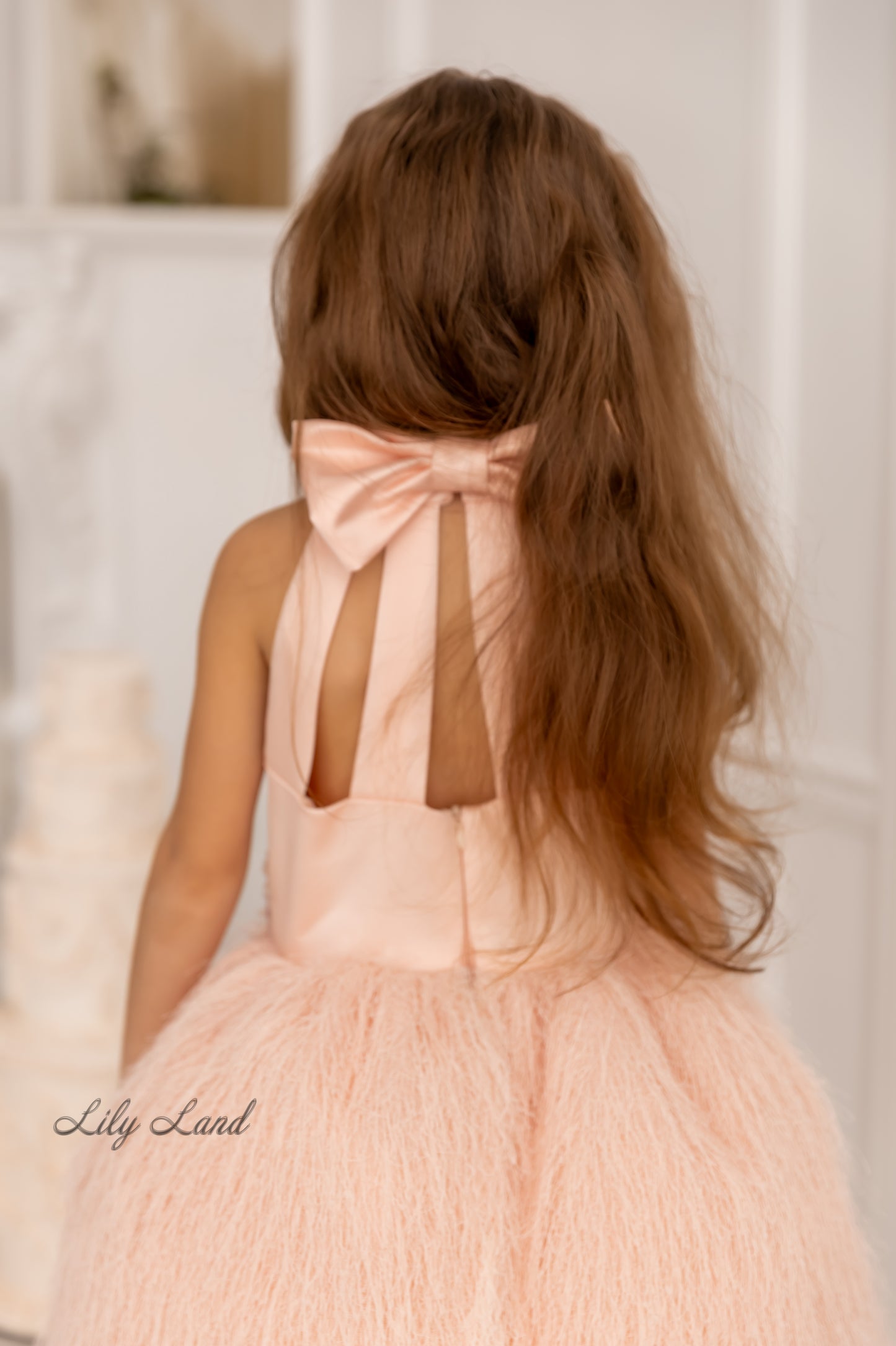 Amina Sleeveless Girl Dress with Feathers & Lace in Light Pink