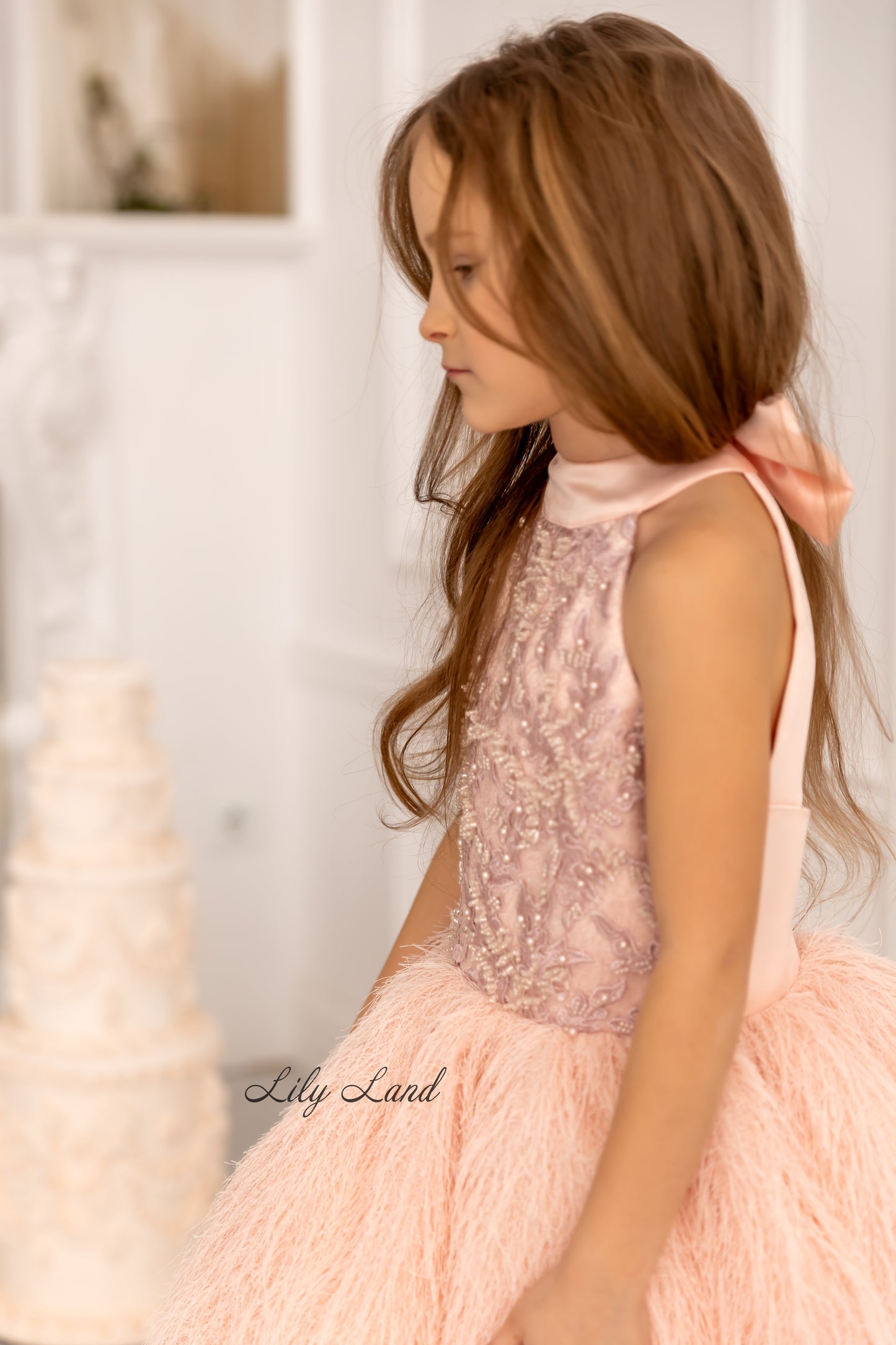 Amina Sleeveless Girl Dress with Feathers & Lace in Light Pink