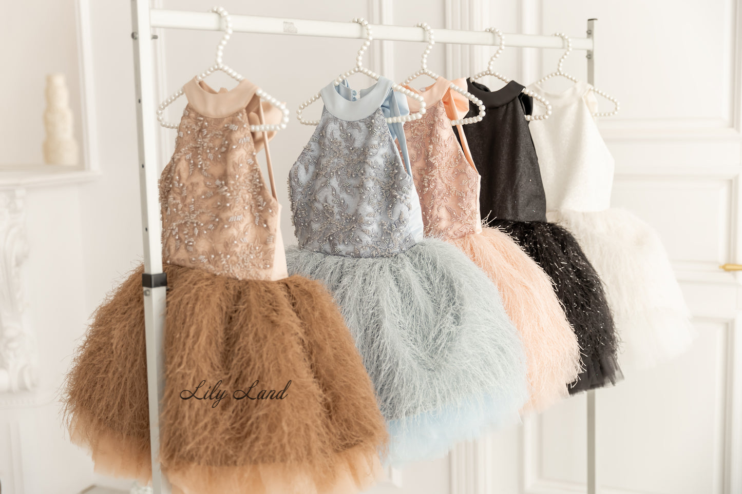 Amina Sleeveless Girl Dress with Feathers & Lace in Light Pink
