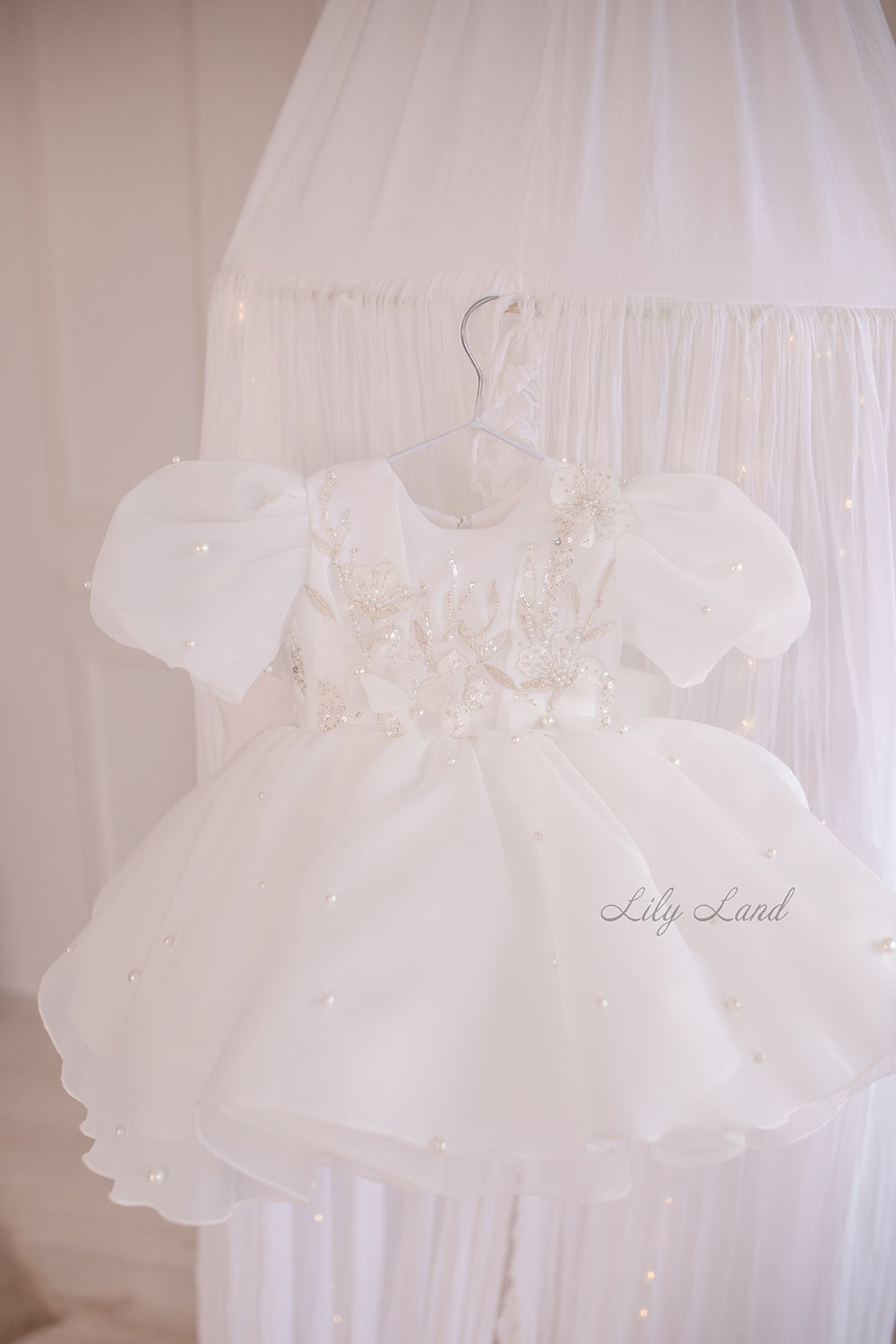 Mia Baby Girl Dress with Floral Appliqué in White