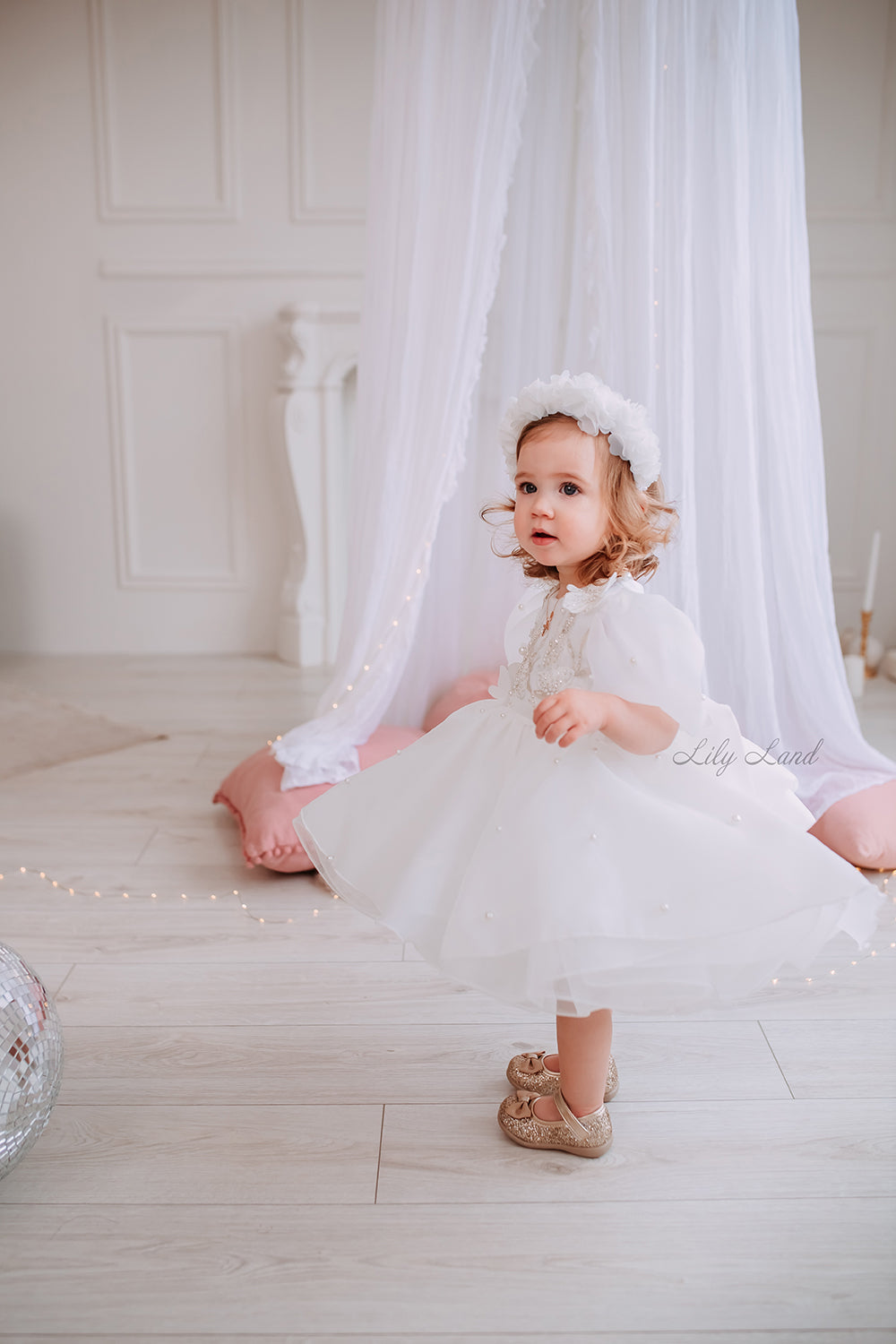 Mia Baby Girl Dress with Floral Appliqué in White