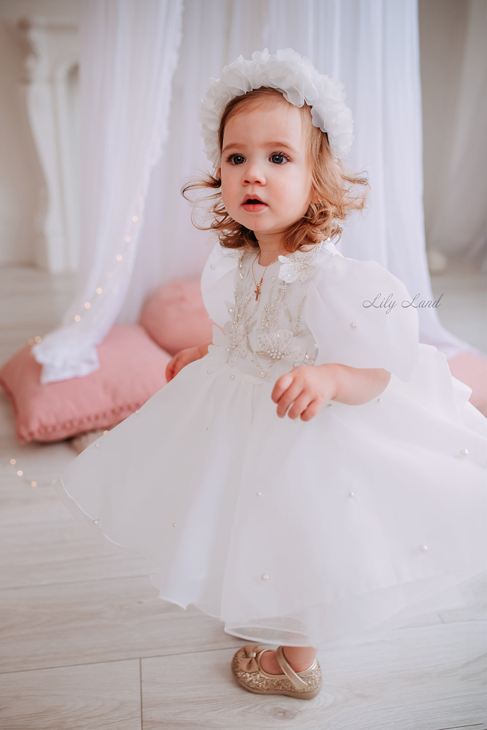 Mia Baby Girl Dress with Floral Appliqué in White