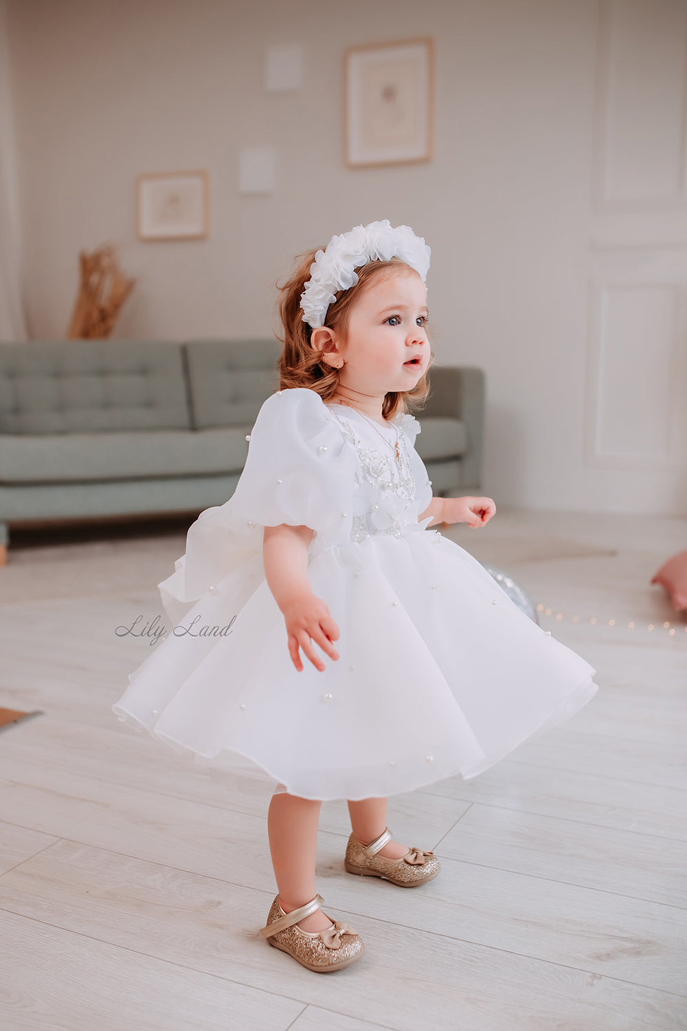 Mia Baby Girl Dress with Floral Appliqué in White