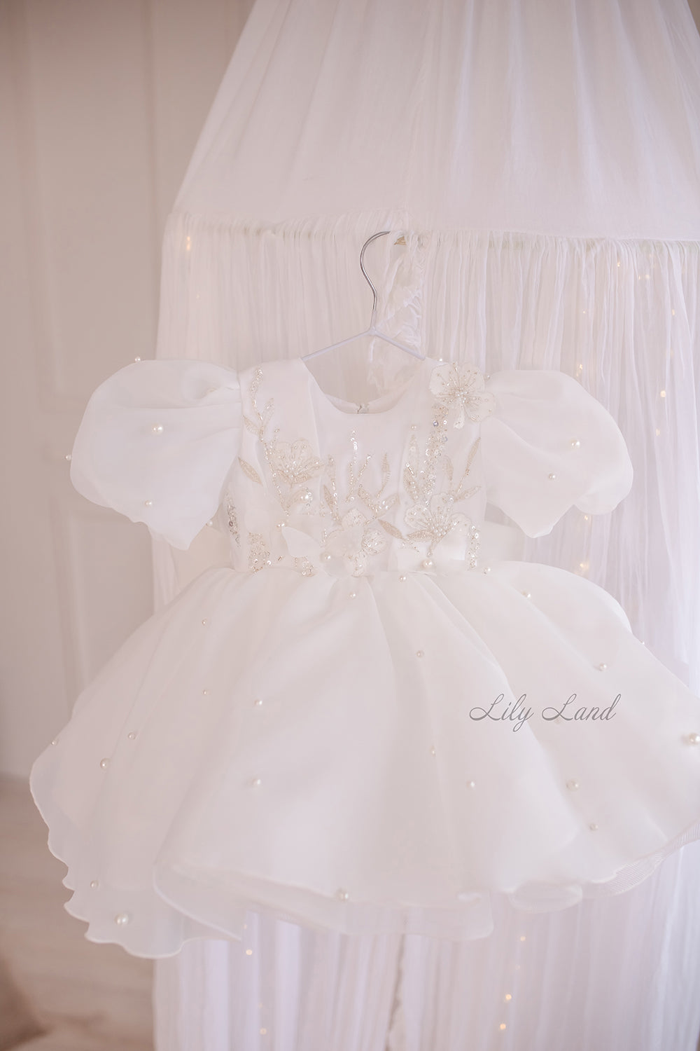 Mia Baby Girl Dress with Floral Appliqué in White