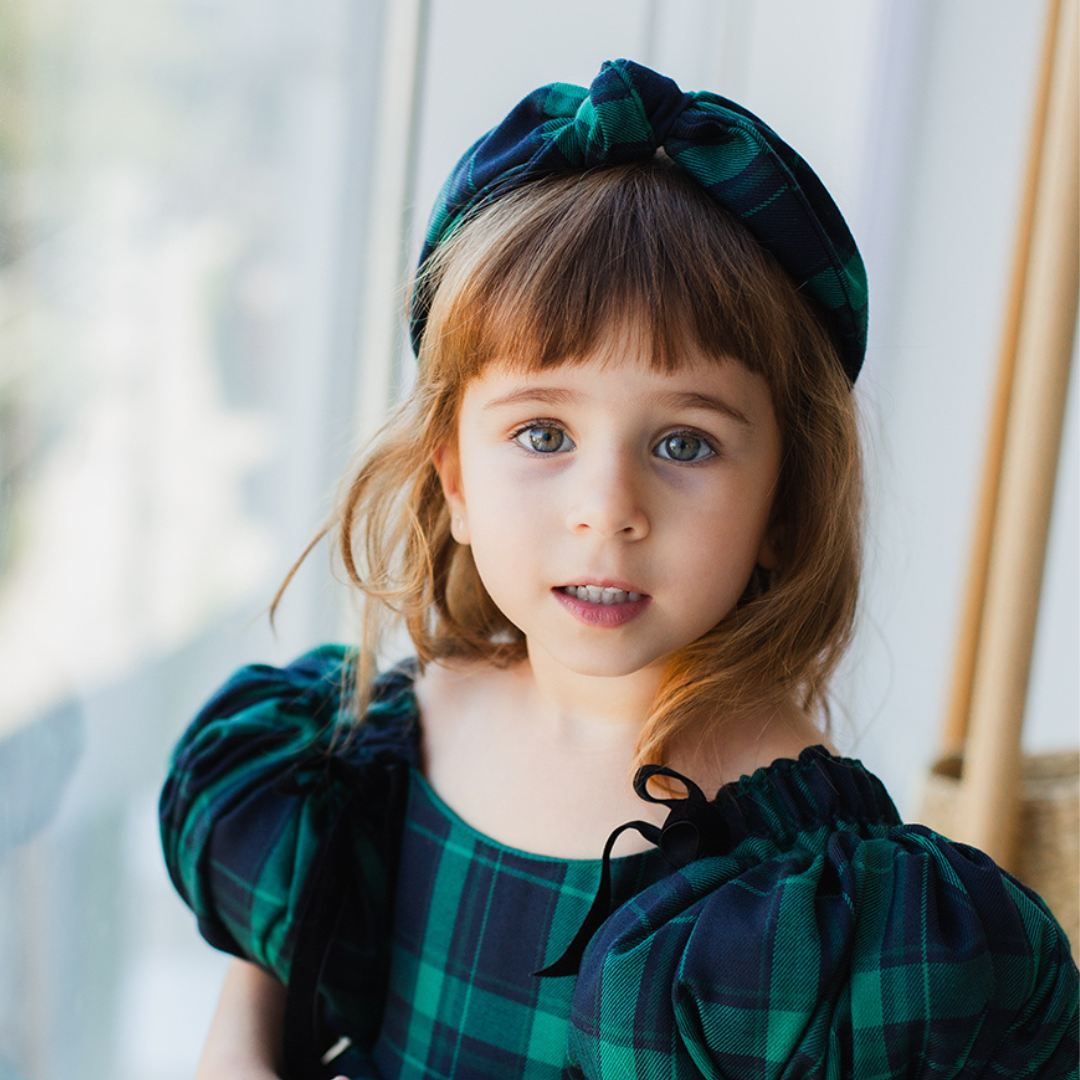 Tartan Plaid Knot Christmas Girl Headband in Emerald Green