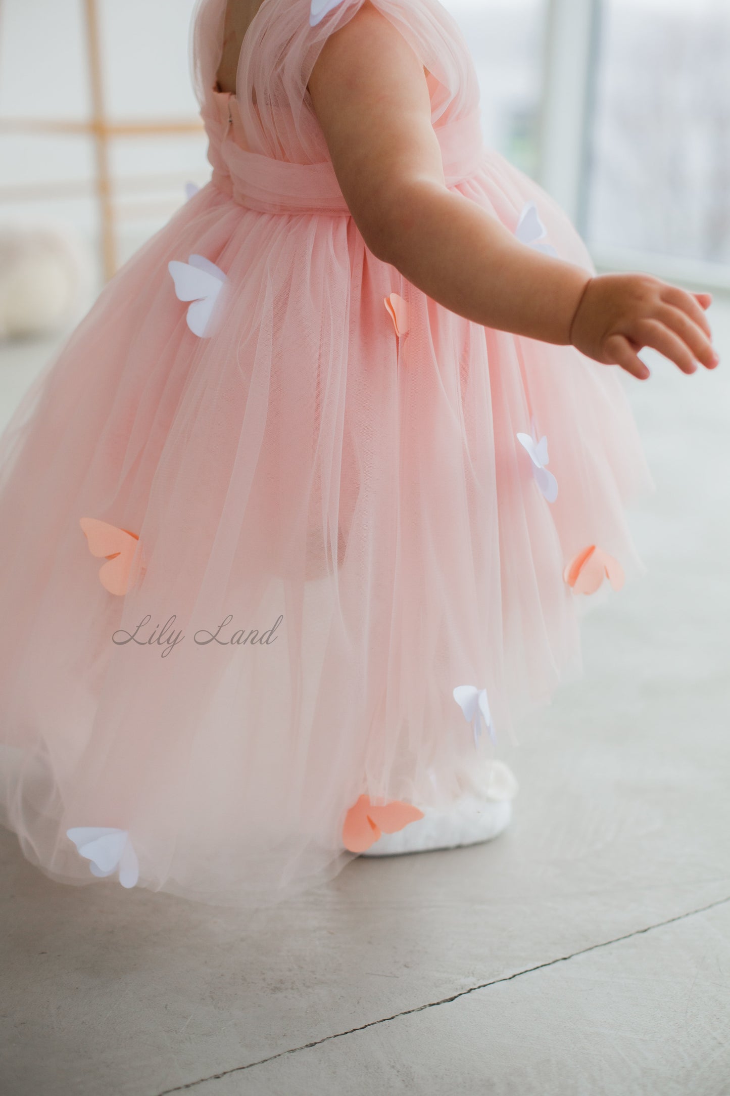 Fleur Girl Dress with Butterflies in Peach Color