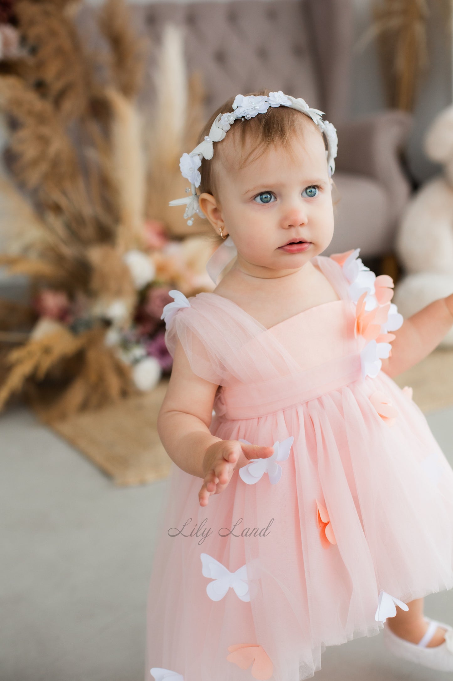 Fleur Girl Dress with Butterflies in Peach Color