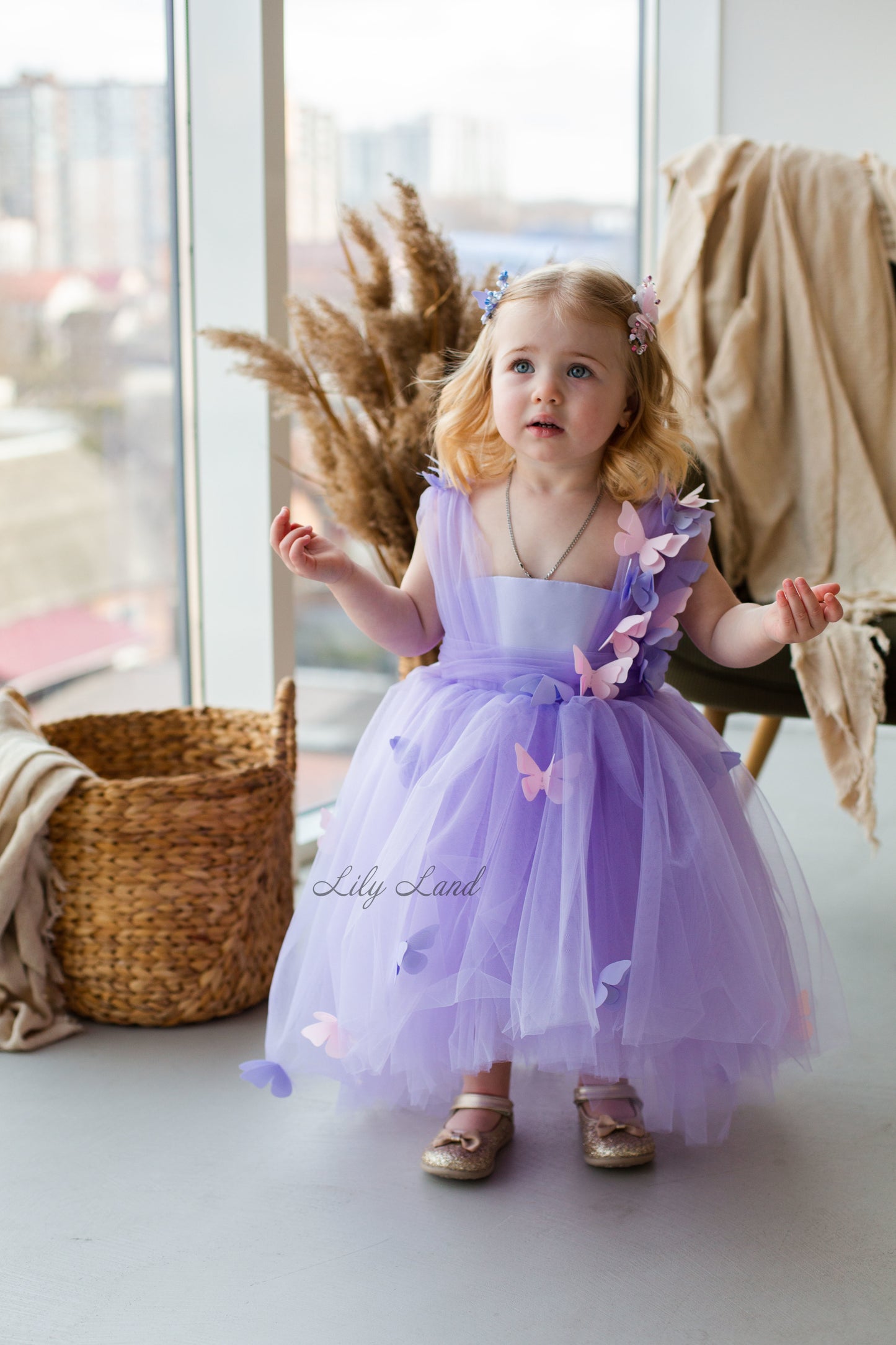 Fleur Girl Dress with Butterflies in Peach Color