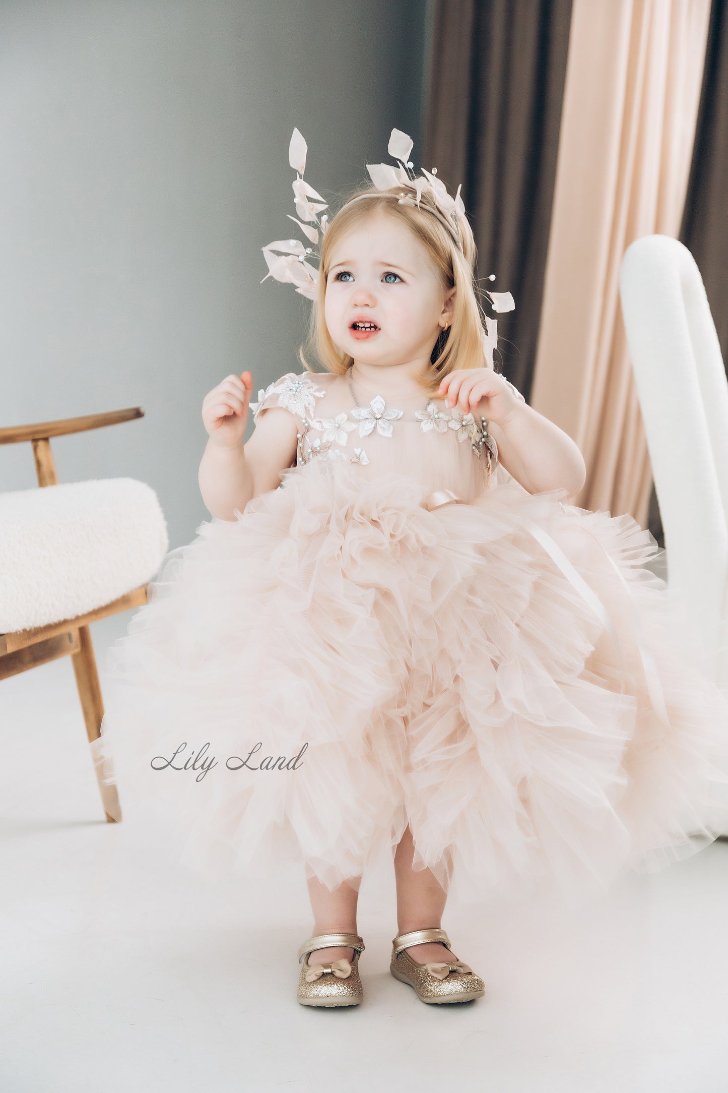 Lel Girl Ruffles Dress in Ivory with Flower Lace