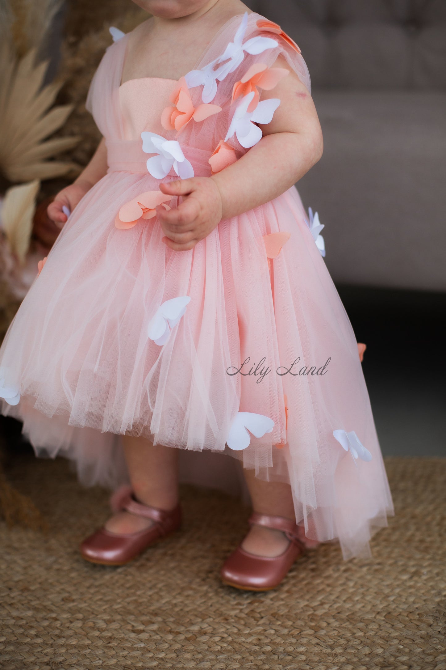 Fleur Girl Dress with Butterflies in Peach Color
