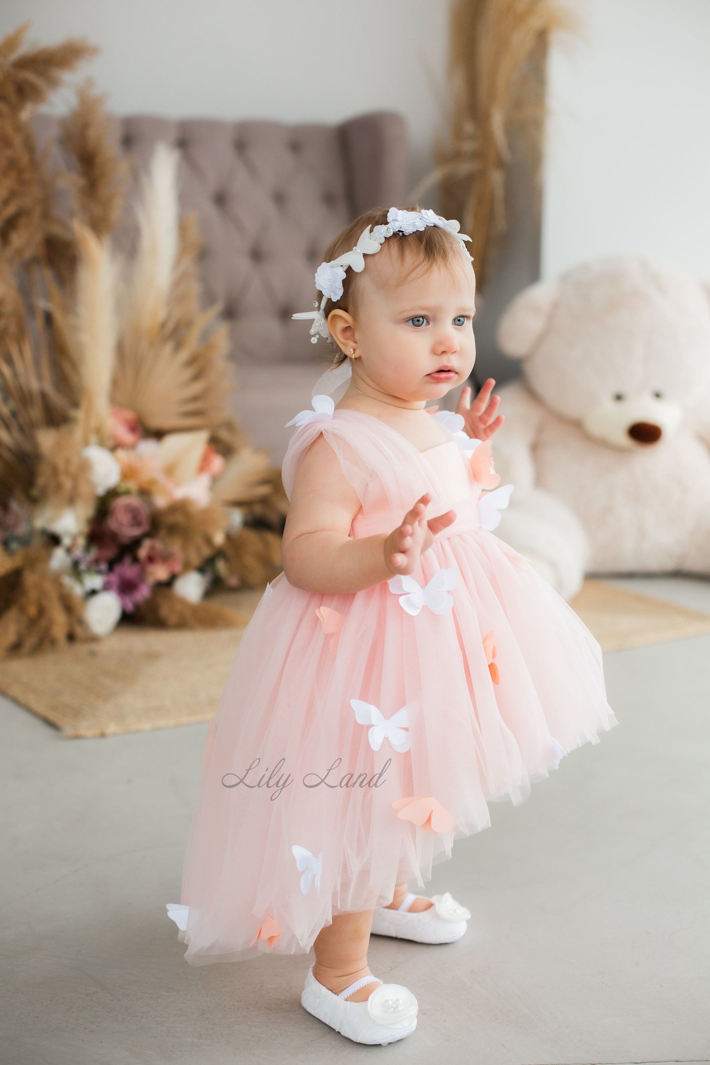 Fleur Girl Dress with Butterflies in Peach Color