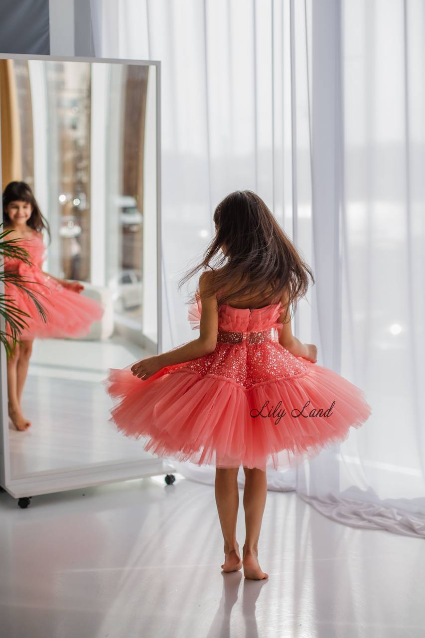 Margaret Girl Dress with Sequins in Coral