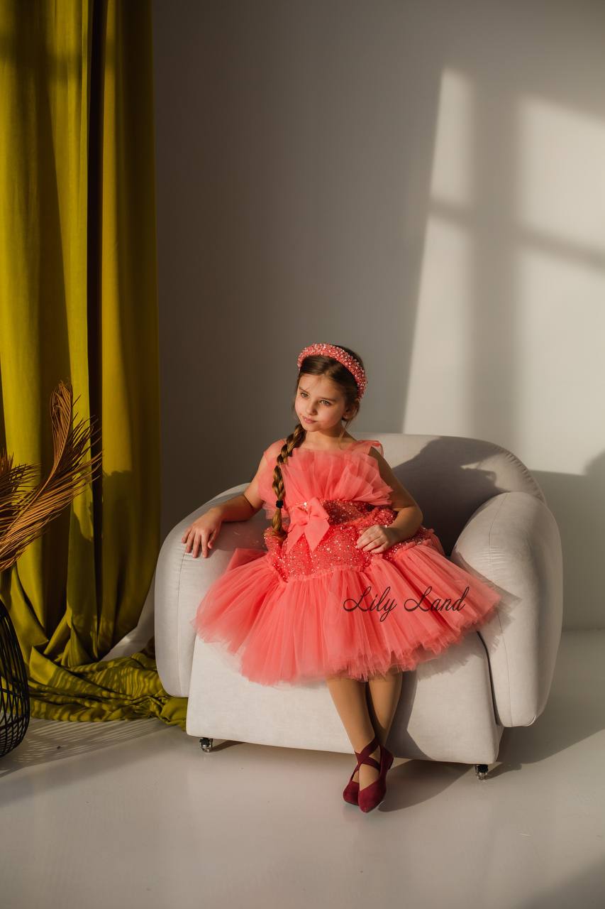 Margaret Girl Dress with Sequins in Coral