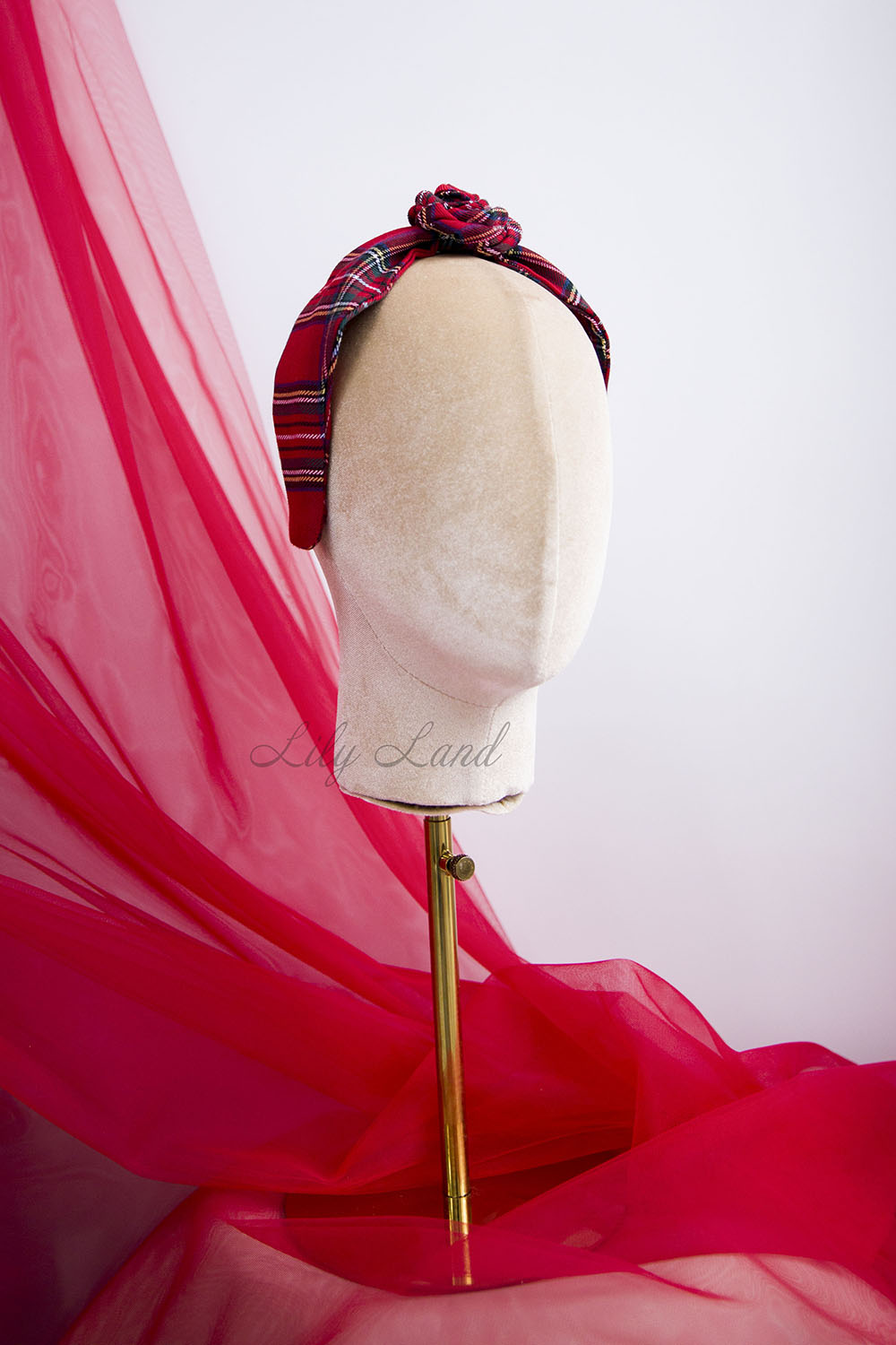Tartan Plaid Christmas Girl Headband in Emerald Green with Rose