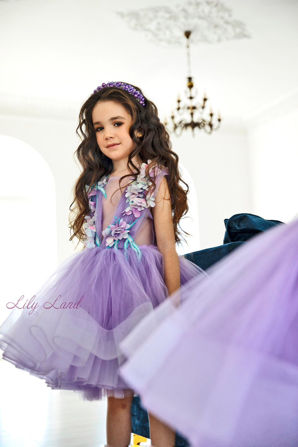 Hawaii Girls Dress with Flower Lace in Lavender