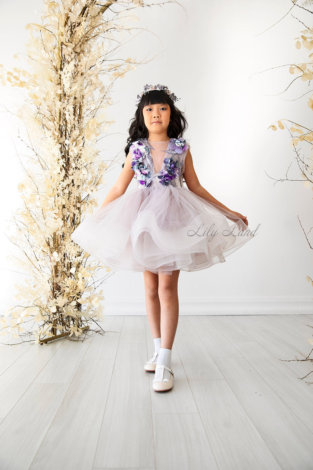Hawaii Girls Dress with Flower Lace in Lavender