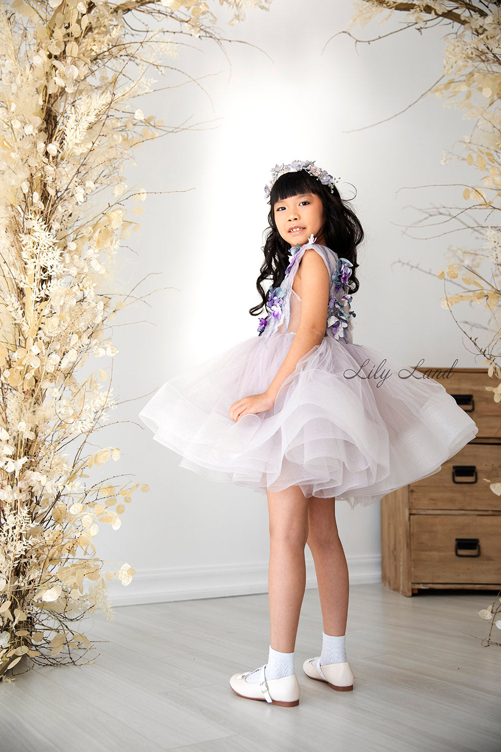 Hawaii Girls Dress with Flower Lace in Grey