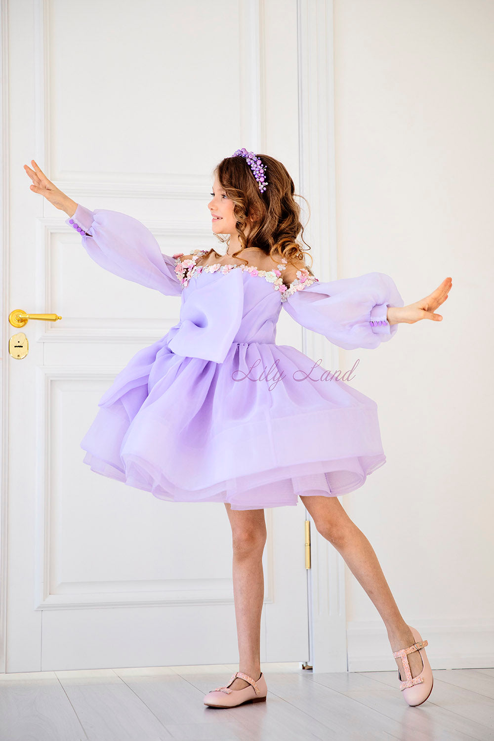 April Girl Dress with Colorful Flowers in Lavender