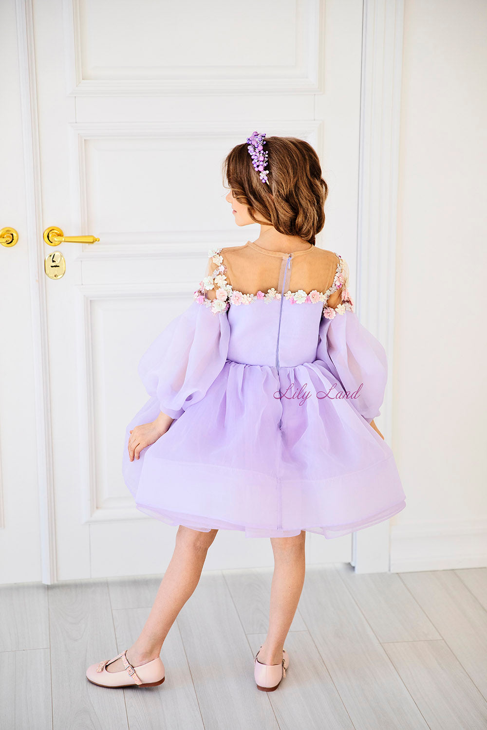 April Girl Dress with Colorful Flowers in Lavender