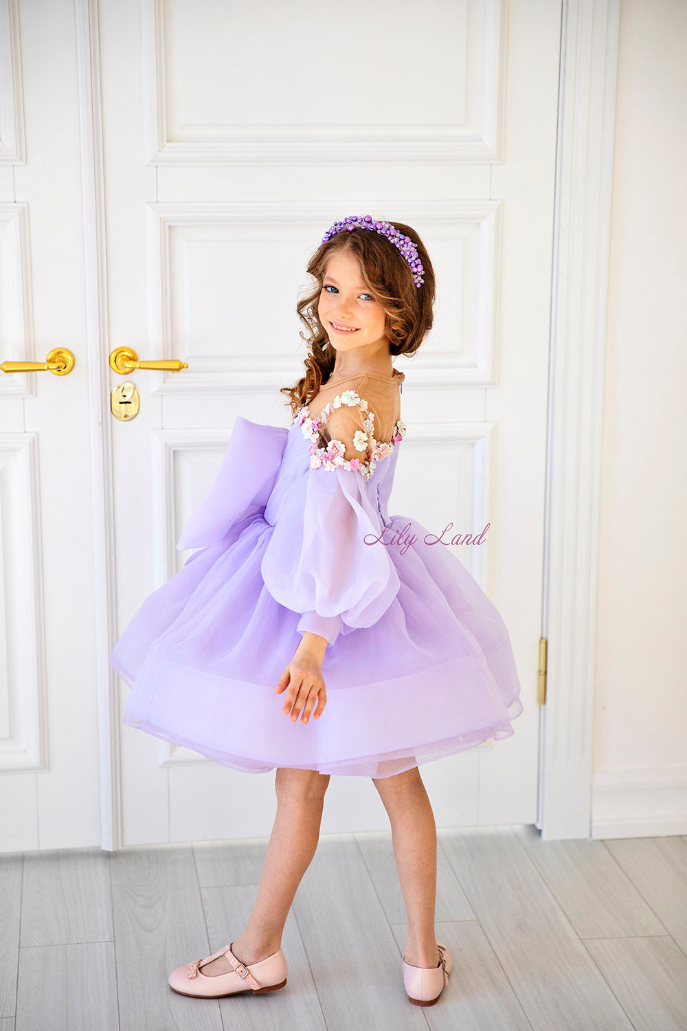 April Girl Dress with Colorful Flowers in Lavender