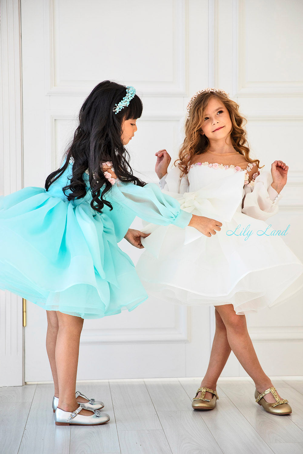 April Girl Dress with Colorful Flowers in White