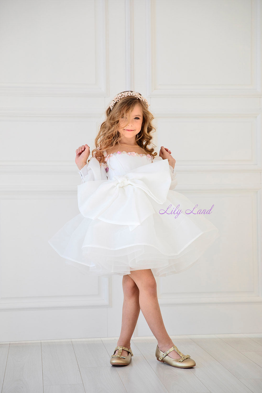 April Girl Dress with Colorful Flowers in Ivory