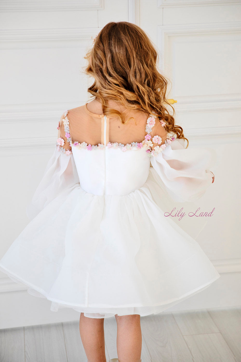 April Girl Dress with Colorful Flowers in White