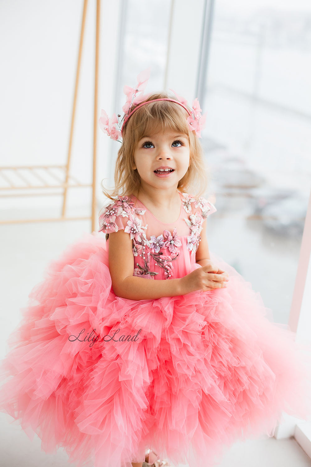 Lel Girl Ruffles Dress in Coral with Flower Lace