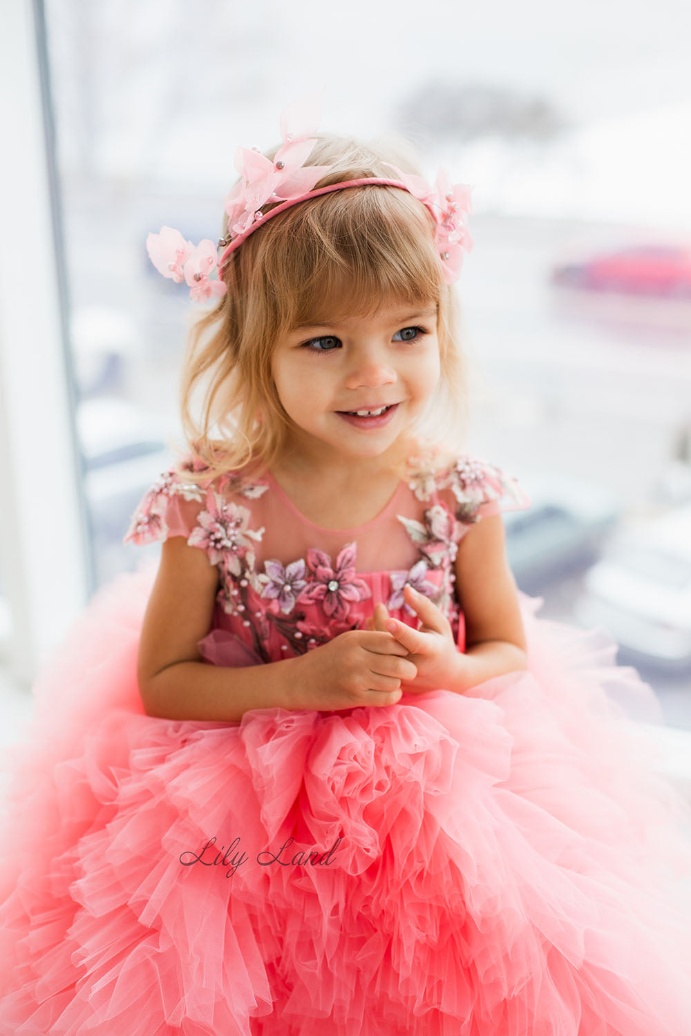 Lel Girl Ruffles Dress in Coral with Flower Lace