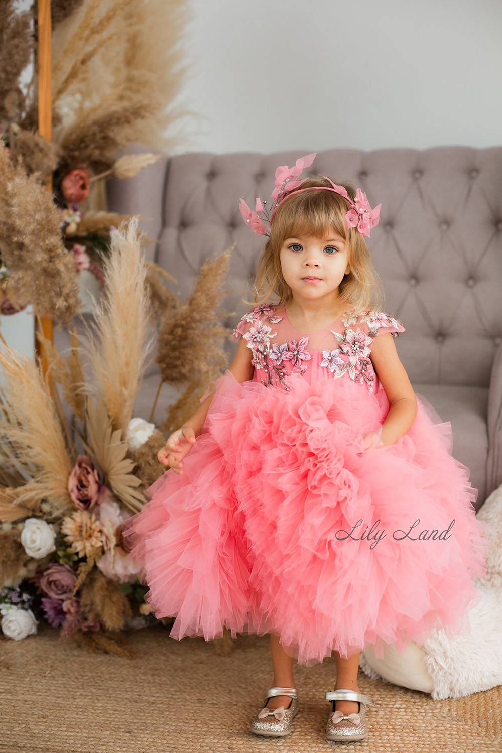 Lel Girl Ruffles Dress in Coral with Flower Lace
